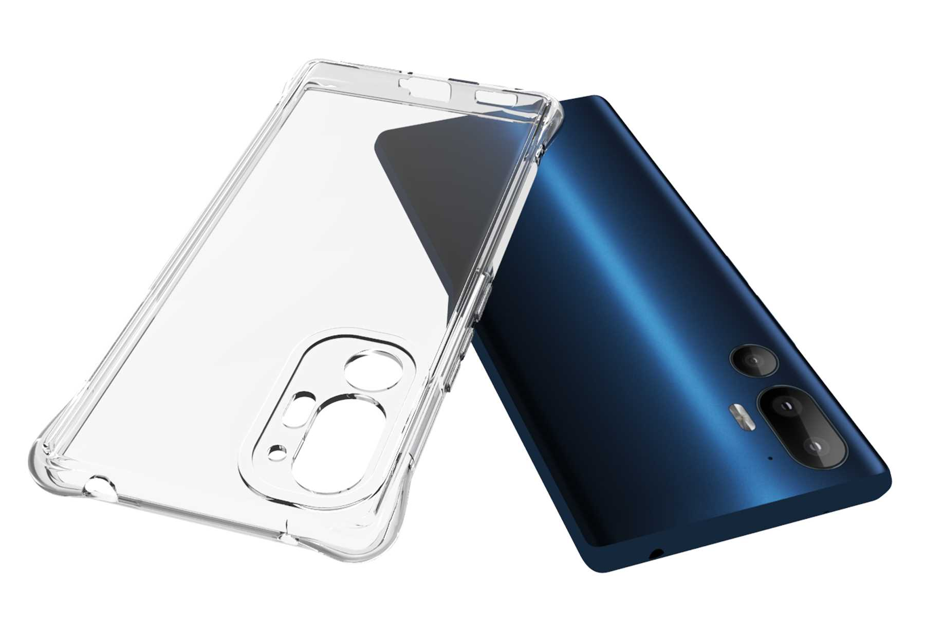 Telefon und transparente Hülle. Telefon ist blau.