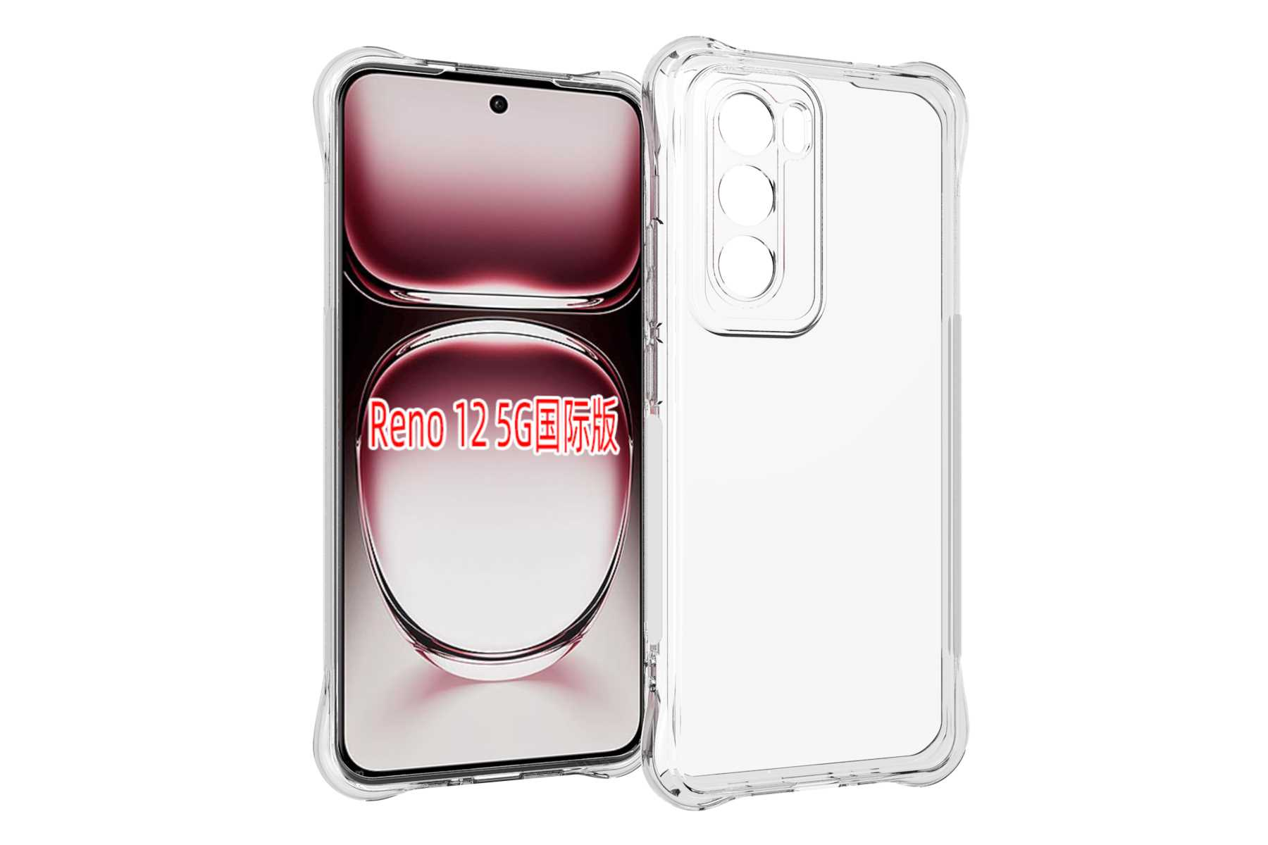Telefon in klarer Hülle. Anzeige zeigt Text. Transparente Hülle. Weißer Hintergrund.