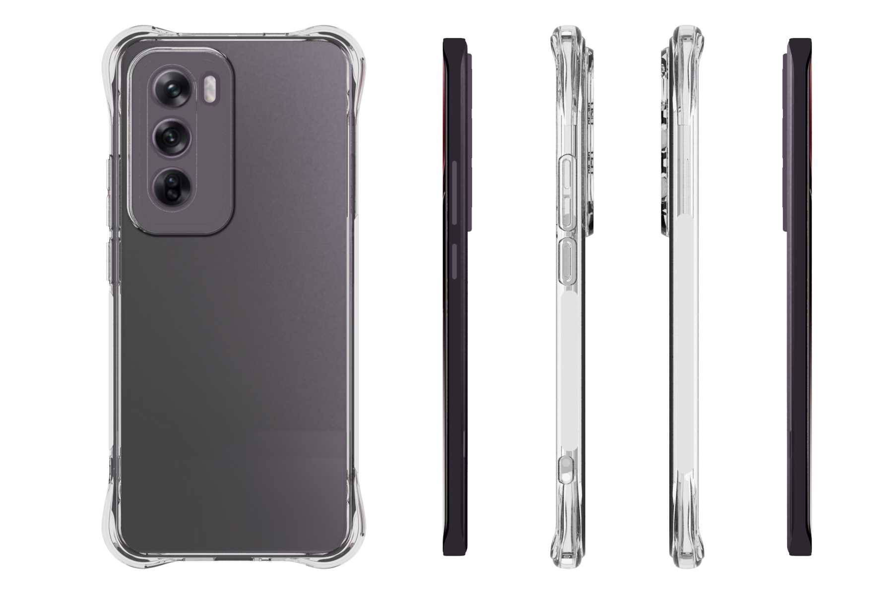Telefon in transparentem Gehäuse. Mehrere Winkel, weißer Hintergrund. Schwarzes Telefon.