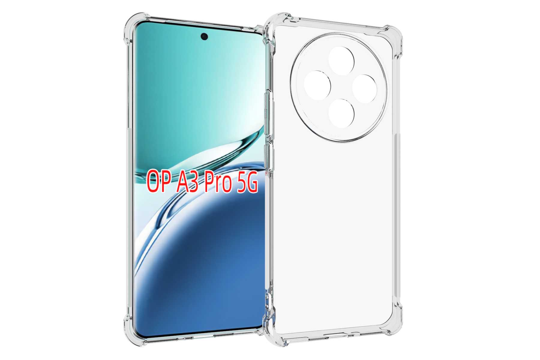 Transparente Handyhülle mit Telefon darin. Auf dem Bildschirm steht OP A3 Pro 5G.