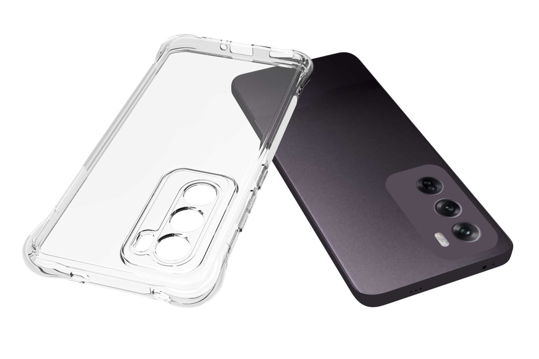 Transparente Handyhülle und dunkles Telefon. Die Hülle ist offen, neben dem Telefon.
