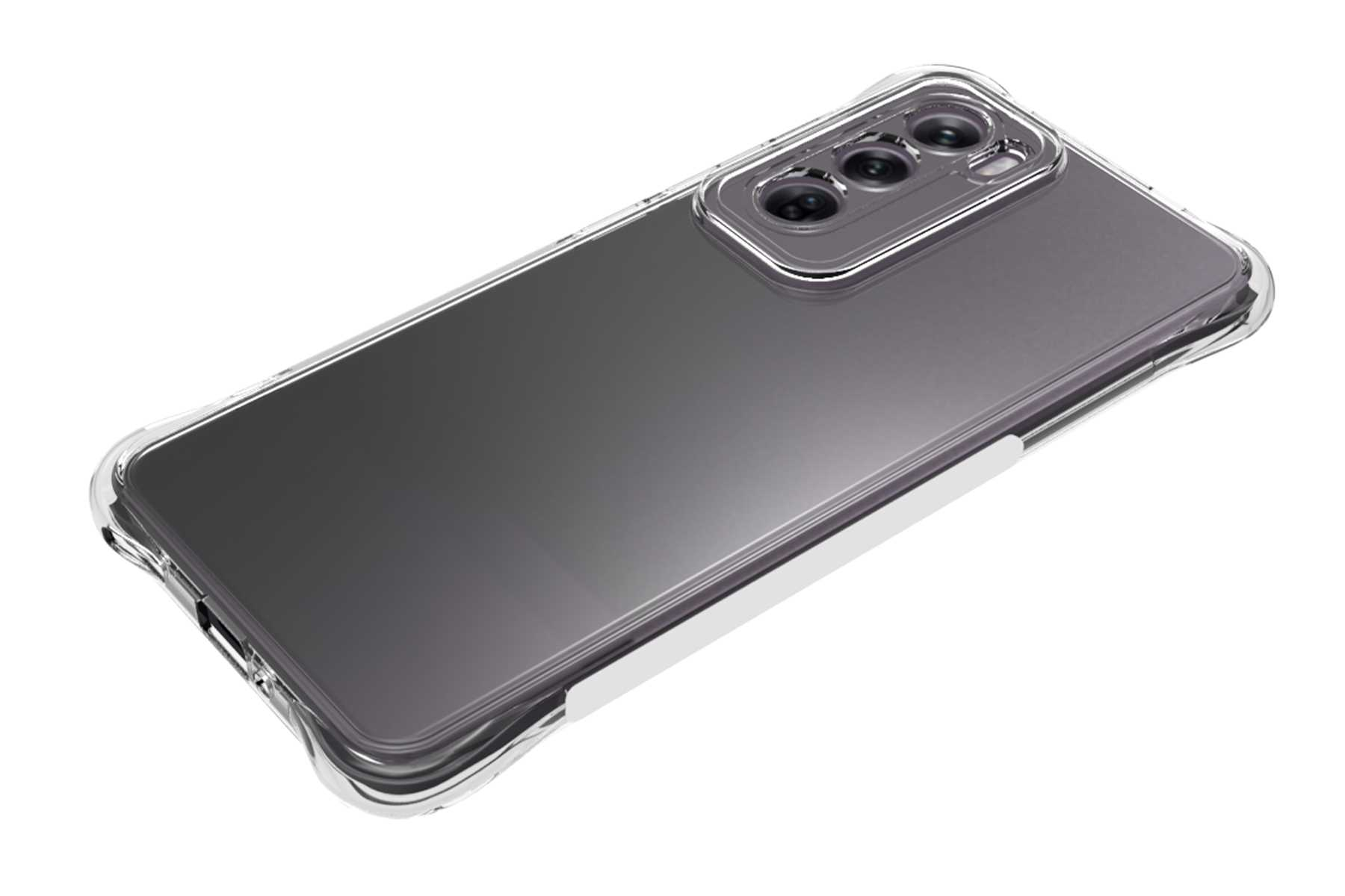 Eine transparente Handyhülle auf einem Telefon mit mehreren Kameralinsen. Die Hülle ist durchsichtig.