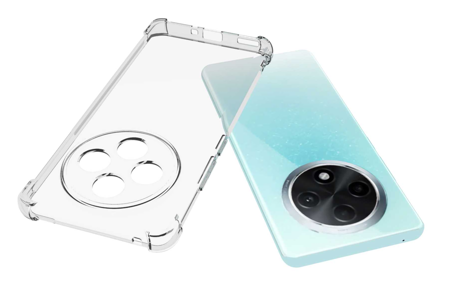 Transparente Handyhülle neben mintfarbenem Telefon. Die Hülle ist offen.