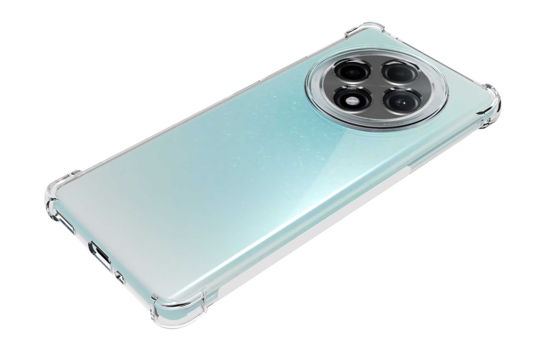 Eine transparente Handyhülle auf einem hellblauen Telefon mit vier Kameralinsen.