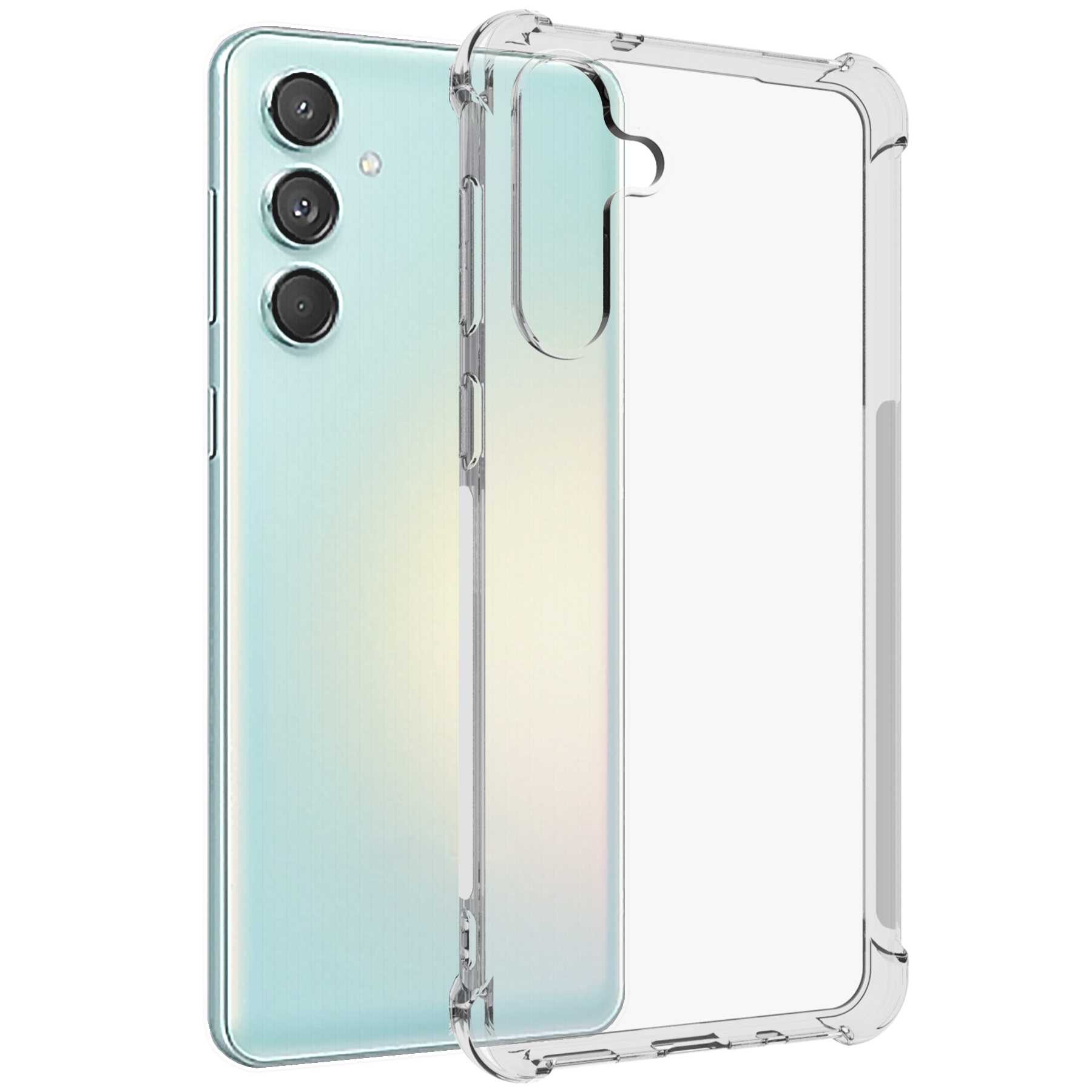 Ein hellblaues Smartphone mit transparentem Gehäuse, Rückseite sichtbar.