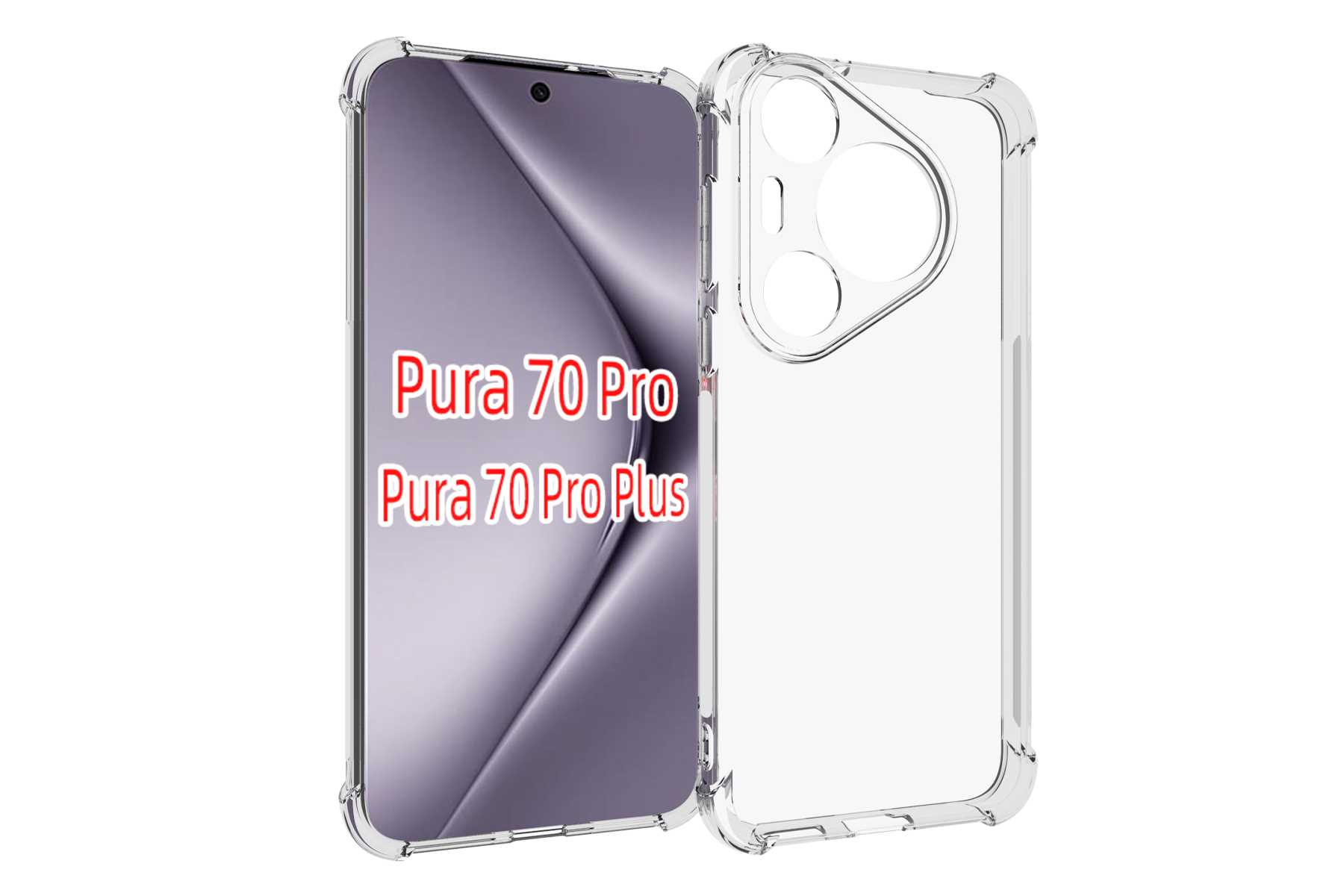 Transparente Handyhülle mit Handy. Text: 'Pura 70 Pro' und 'Pura 70 Pro Plus'.
