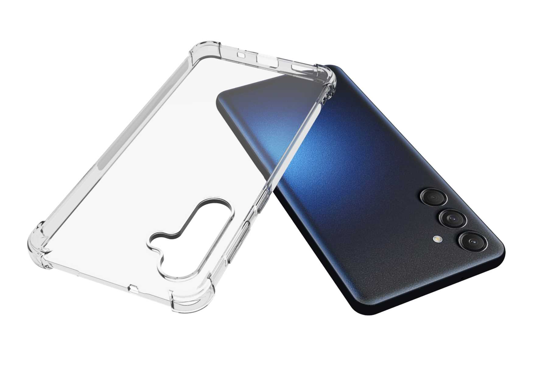 Eine klare Handyhülle neben einem blau-schwarzen Handy mit drei Kameras.