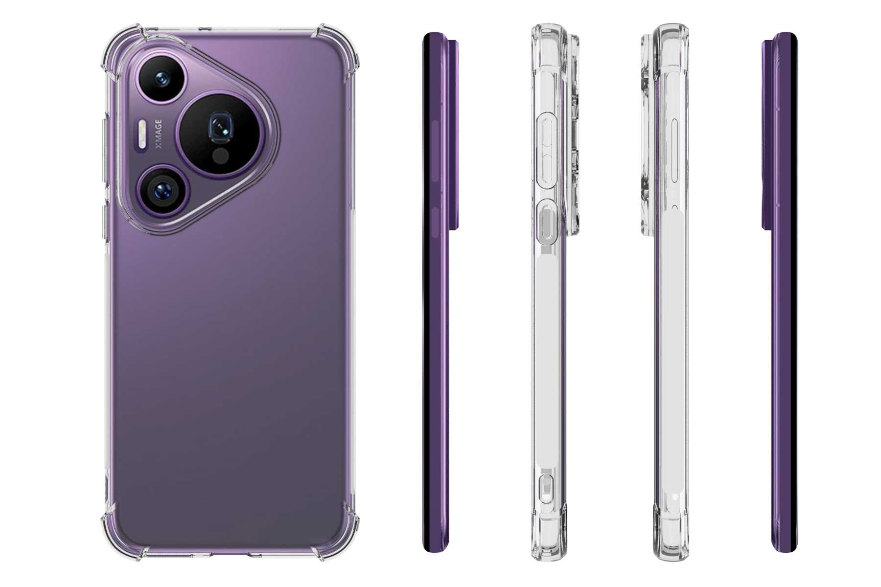 Telefon in klarer Hülle, mit lila Rückseite und mehreren Seitenansichten.