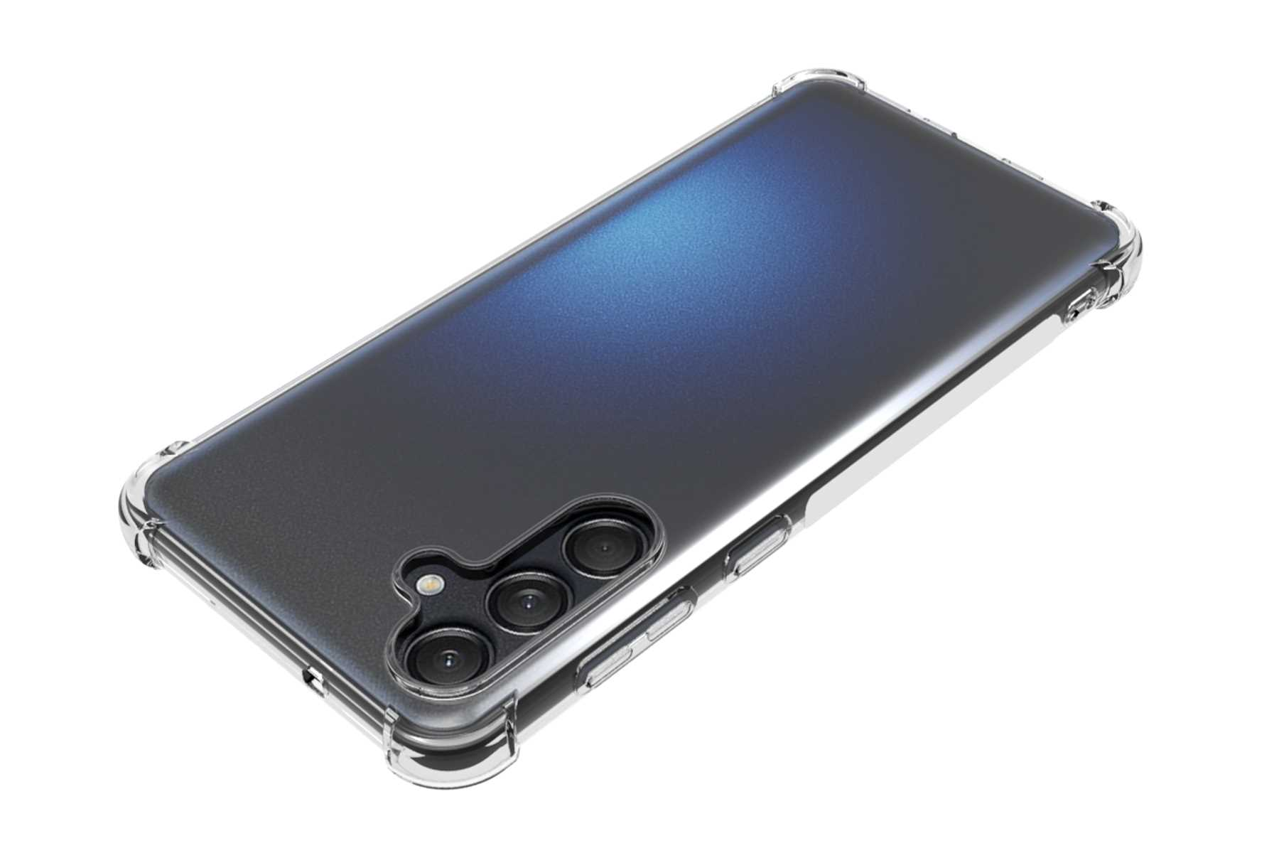 Eine transparente Handyhülle bedeckt ein dunkles Telefon. Die Hülle hat einen transparenten Stoßfänger an den Rändern zum Schutz.