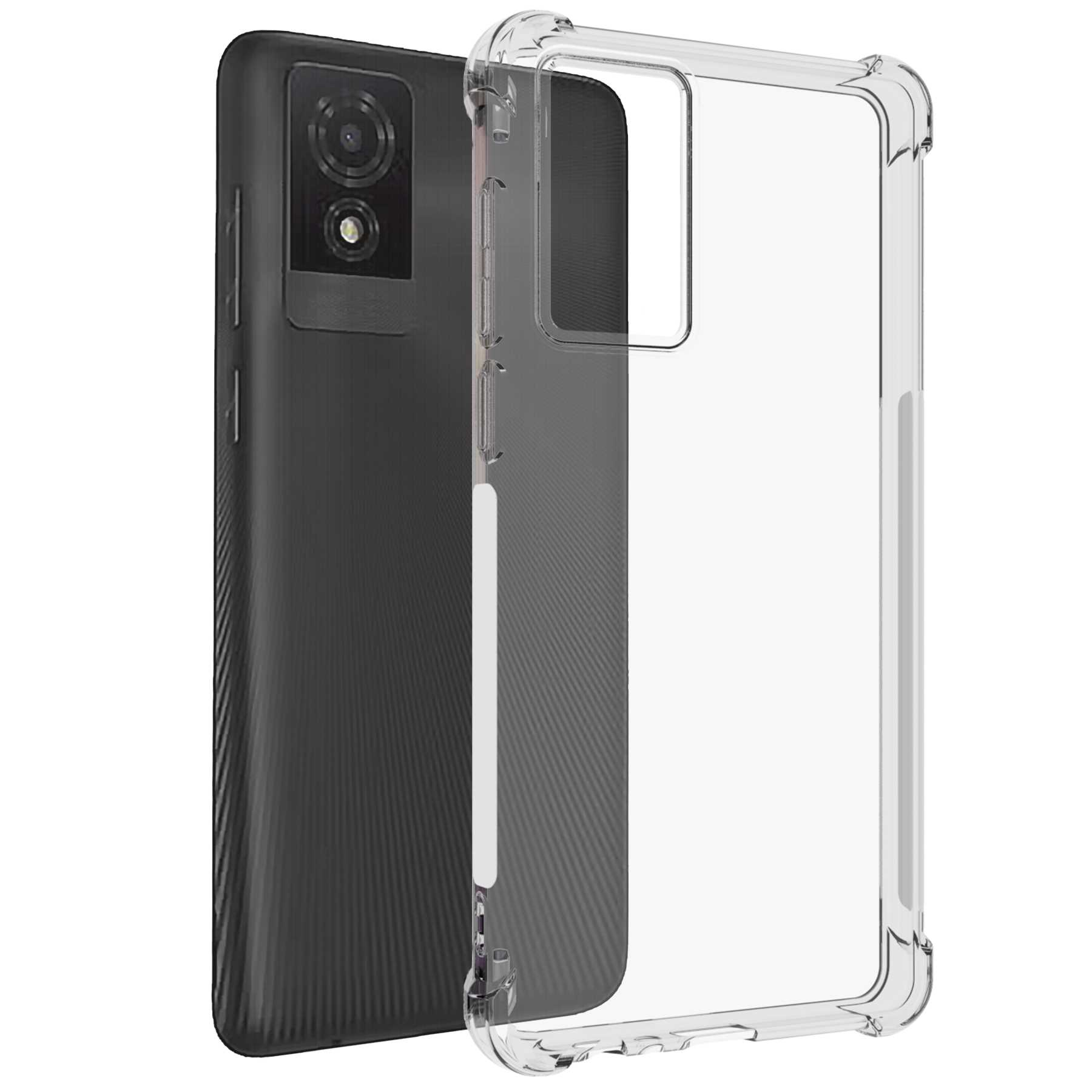 Schwarzes Telefon mit transparentem Schutzgehäuse. Kamera und Seitentasten sichtbar. Weißer Hintergrund.