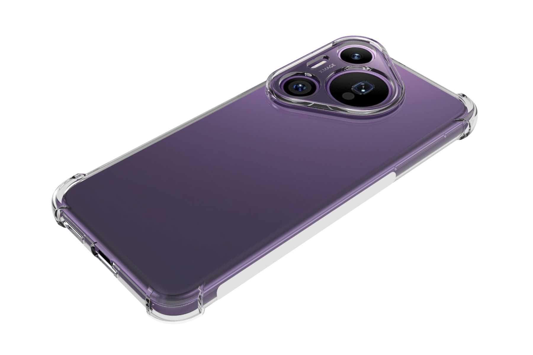 Lila Telefon mit Dreifachkamera in einer transparenten Hülle, angewinkelte Ansicht.