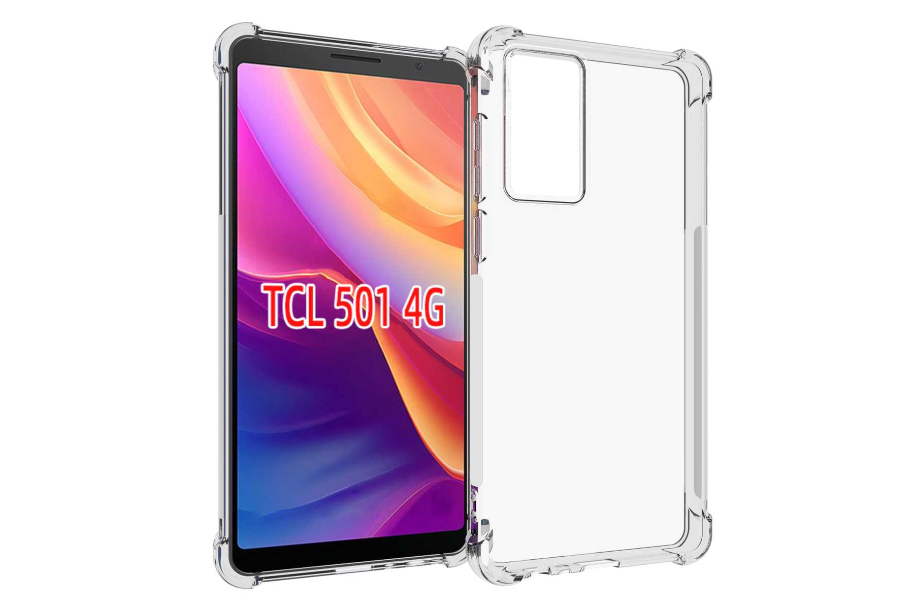 Ein Telefon in einer durchsichtigen Schutzhülle, Text TCL 501 4G auf dem Bildschirm.