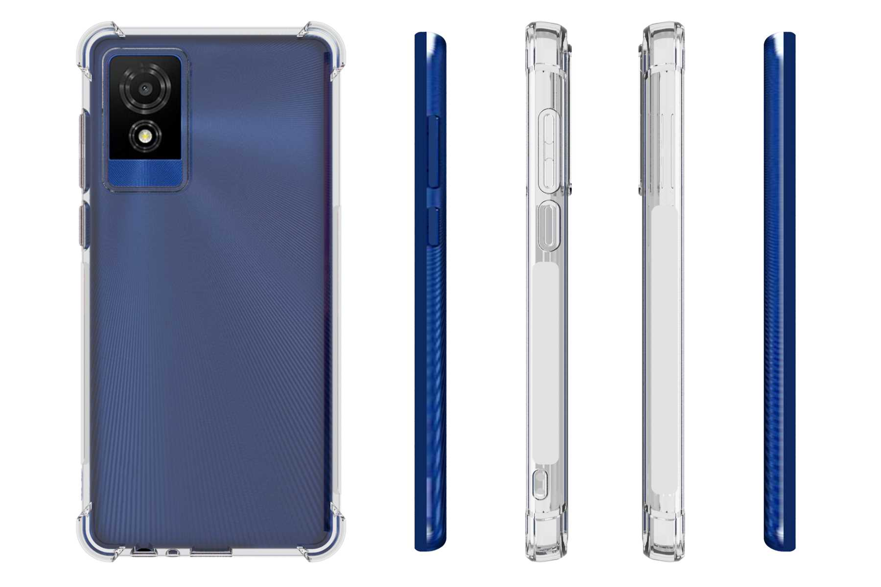 Eine transparente Handyhülle auf einem blauen Telefon. Die Hülle hat verstärkte Ecken und ist transparent.