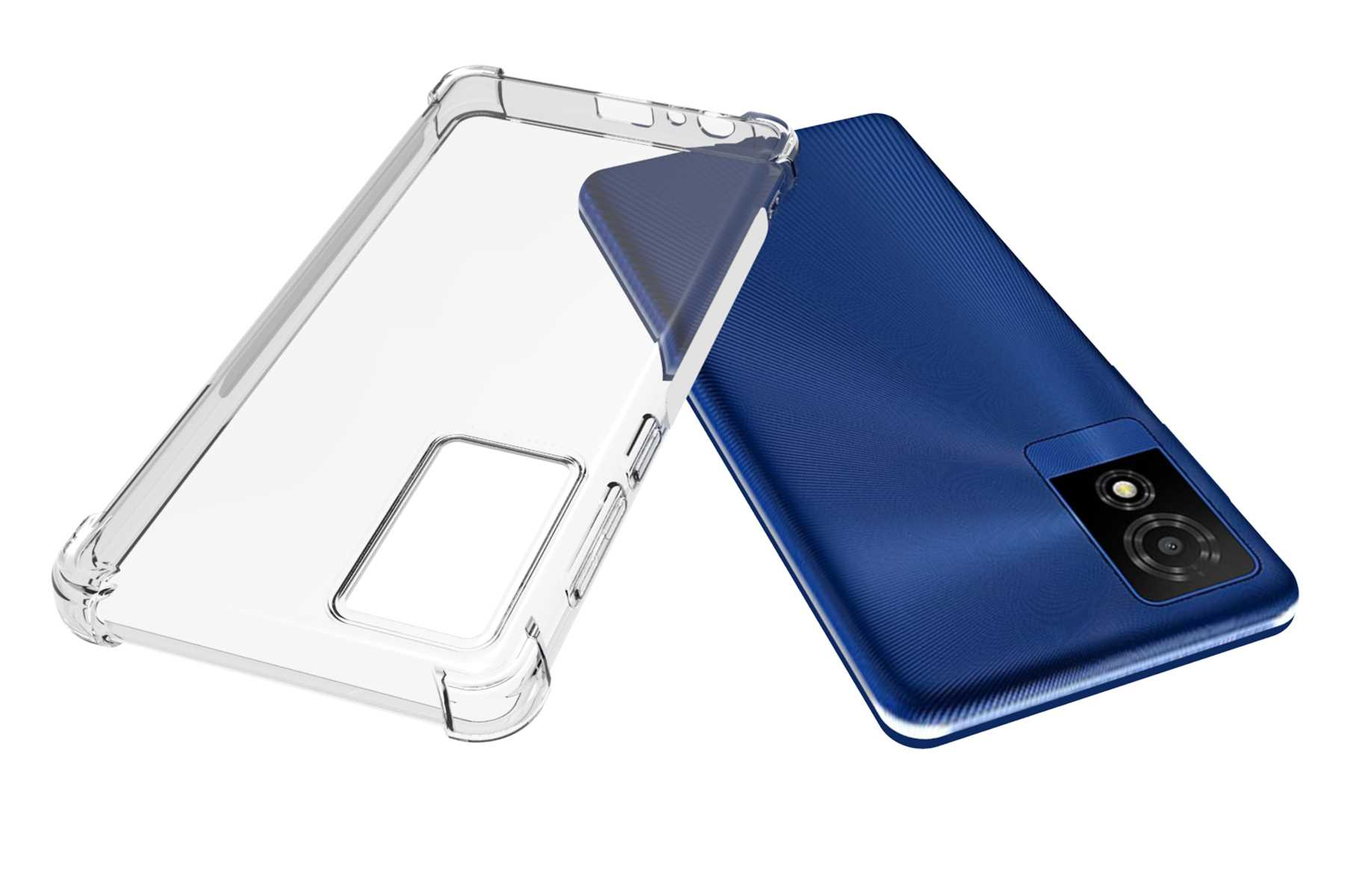 Blaues Telefon und transparente Hülle. Telefon hat blaue Rückseite. Hülle ist klar. Weißer Hintergrund.