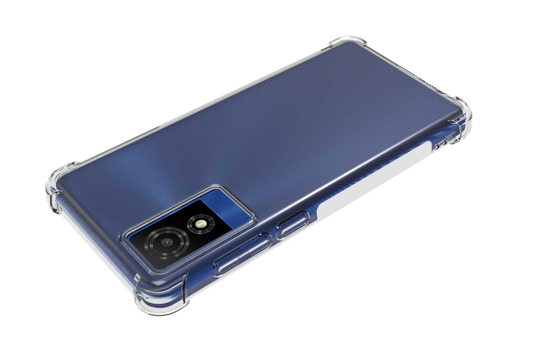 Ein Telefon in einer durchsichtigen Hülle. Das Telefon ist blau. Die Kamera ist sichtbar.