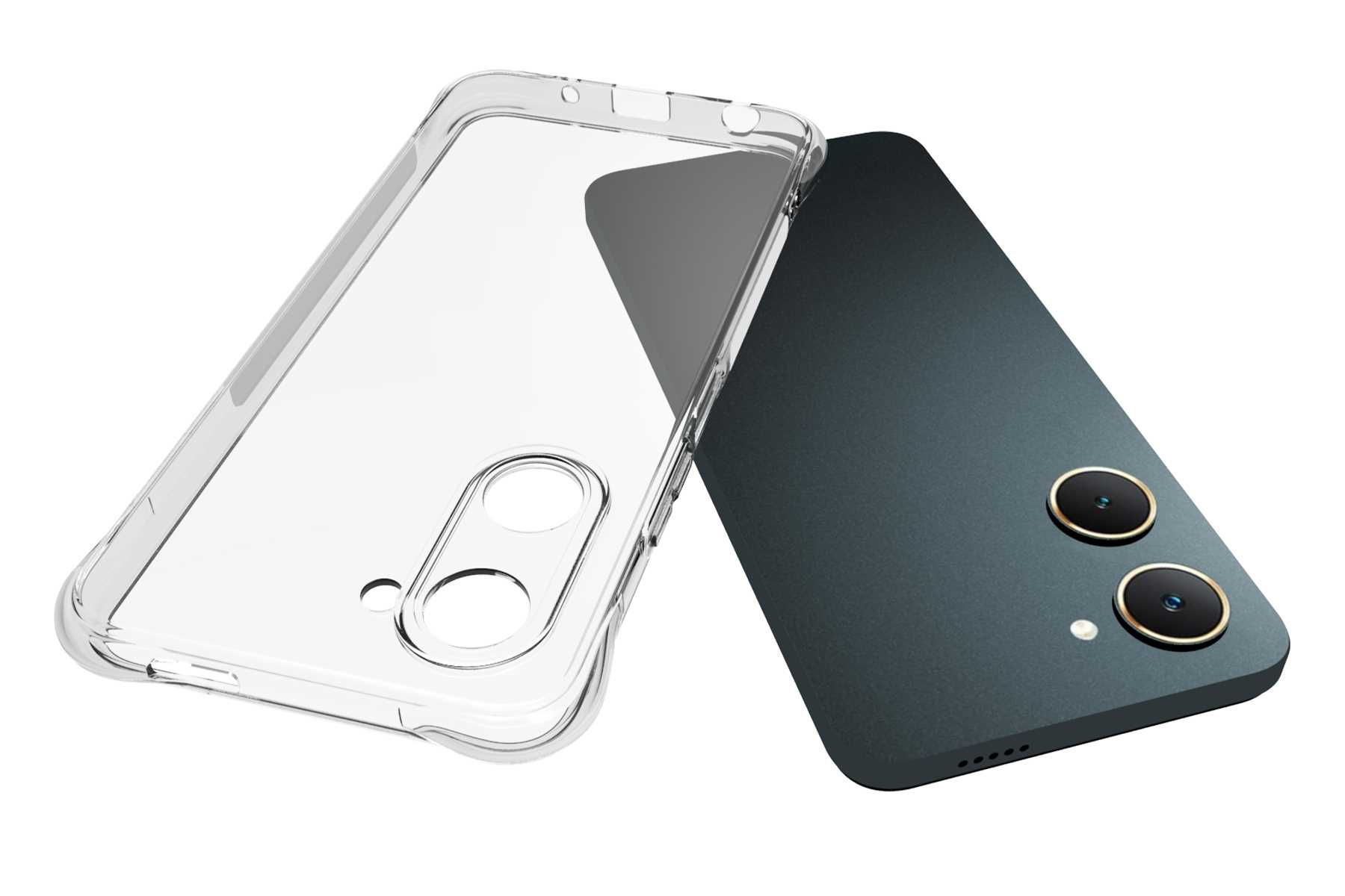 Telefon und transparente Hülle. Das Telefon ist dunkel, Kameralinsen sichtbar. Weißer Hintergrund.