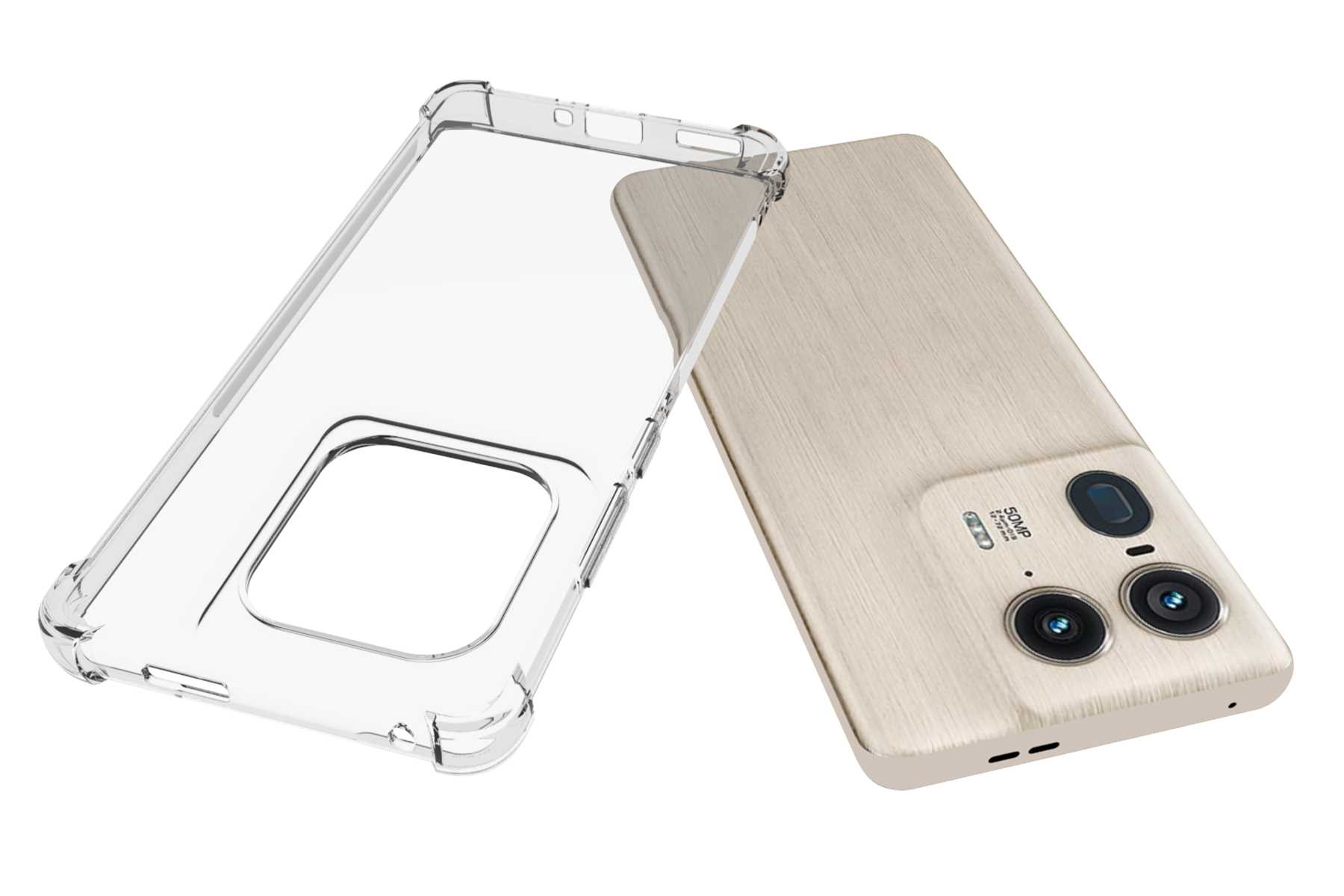 Eine transparente Handyhülle und eine Handy-Rückseite. Die Rückseite ist goldfarben.