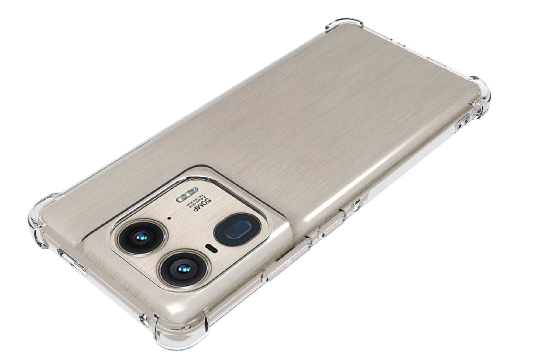 Smartphone in einer Hülle. Transparente Schutzhülle mit metallisch aussehender Rückseite.