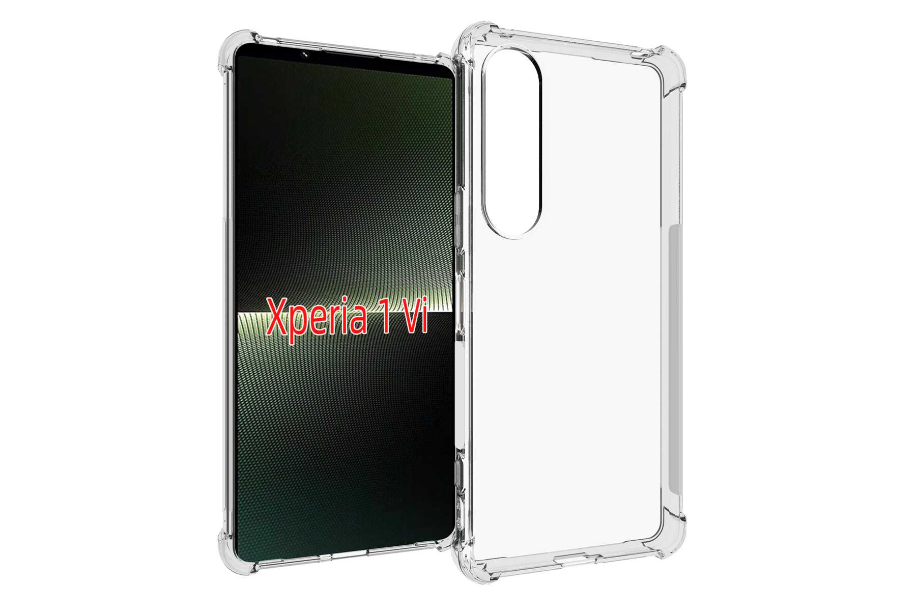 Ein Smartphone mit transparentem Gehäuse, das den Bildschirm des Telefons und die Worte Xperia 1 VI zeigt.