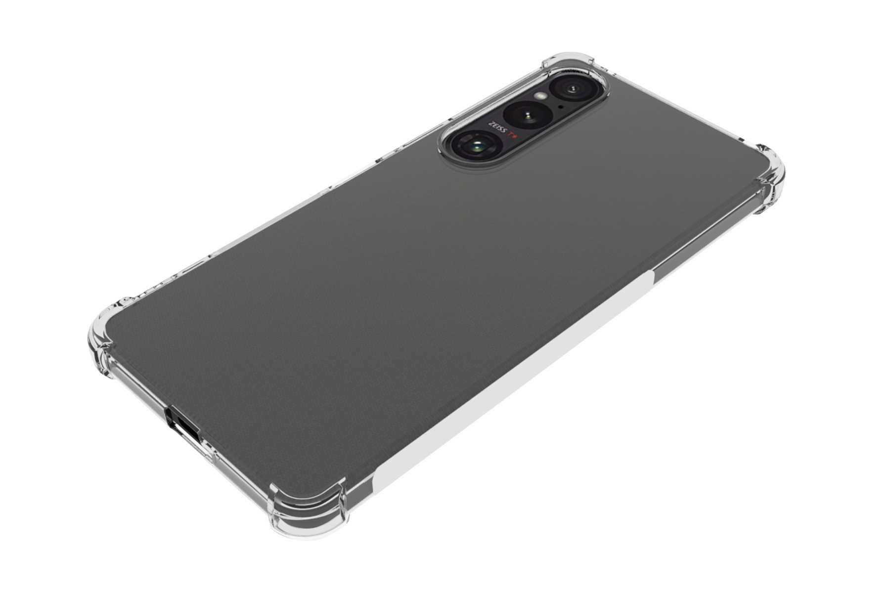 Graues Telefon mit klarer Hülle, drei Kameralinsen.