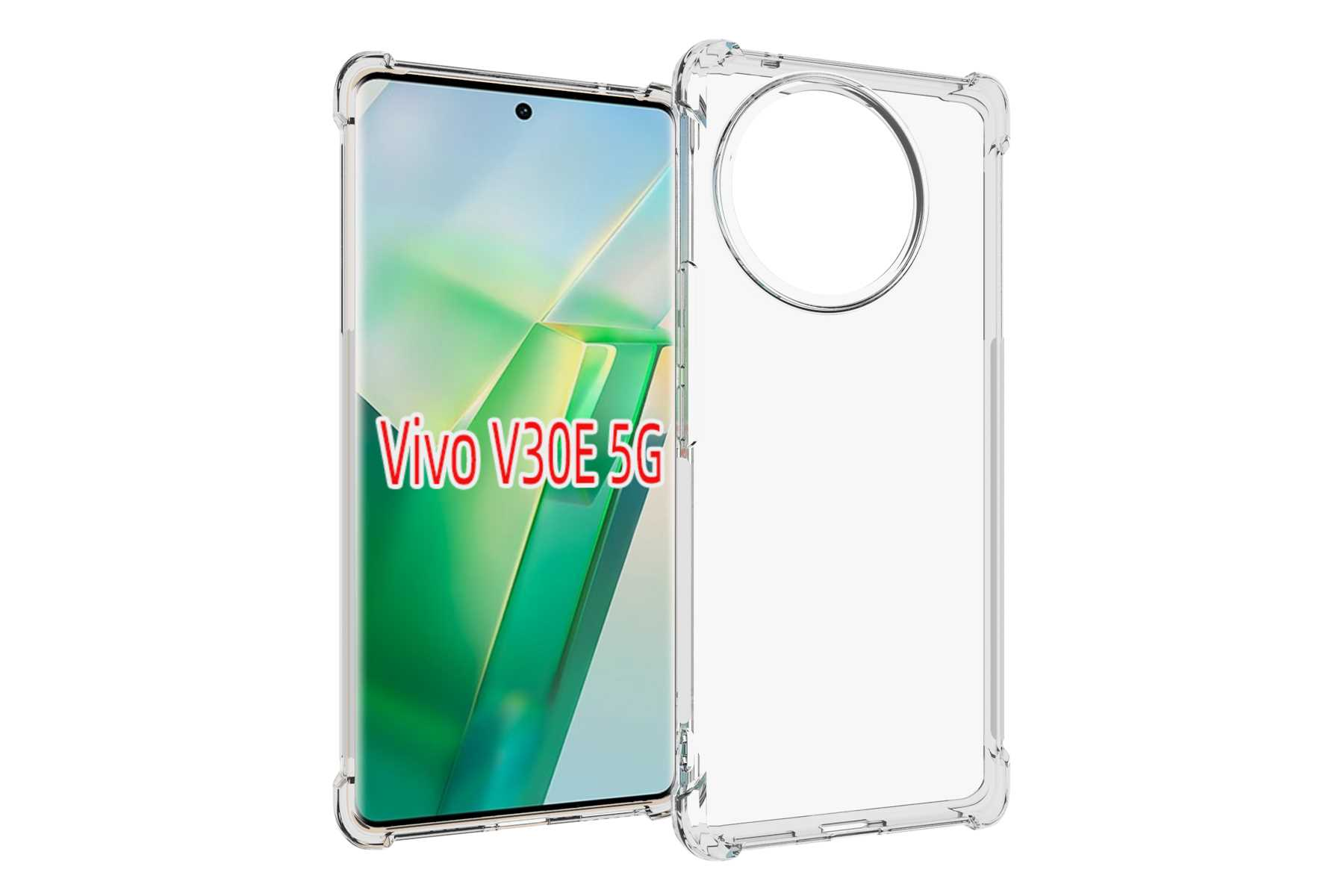 Telefon mit Bildschirm und klarer Hülle. Text: Vivo V30E 5G. Weißer Hintergrund.