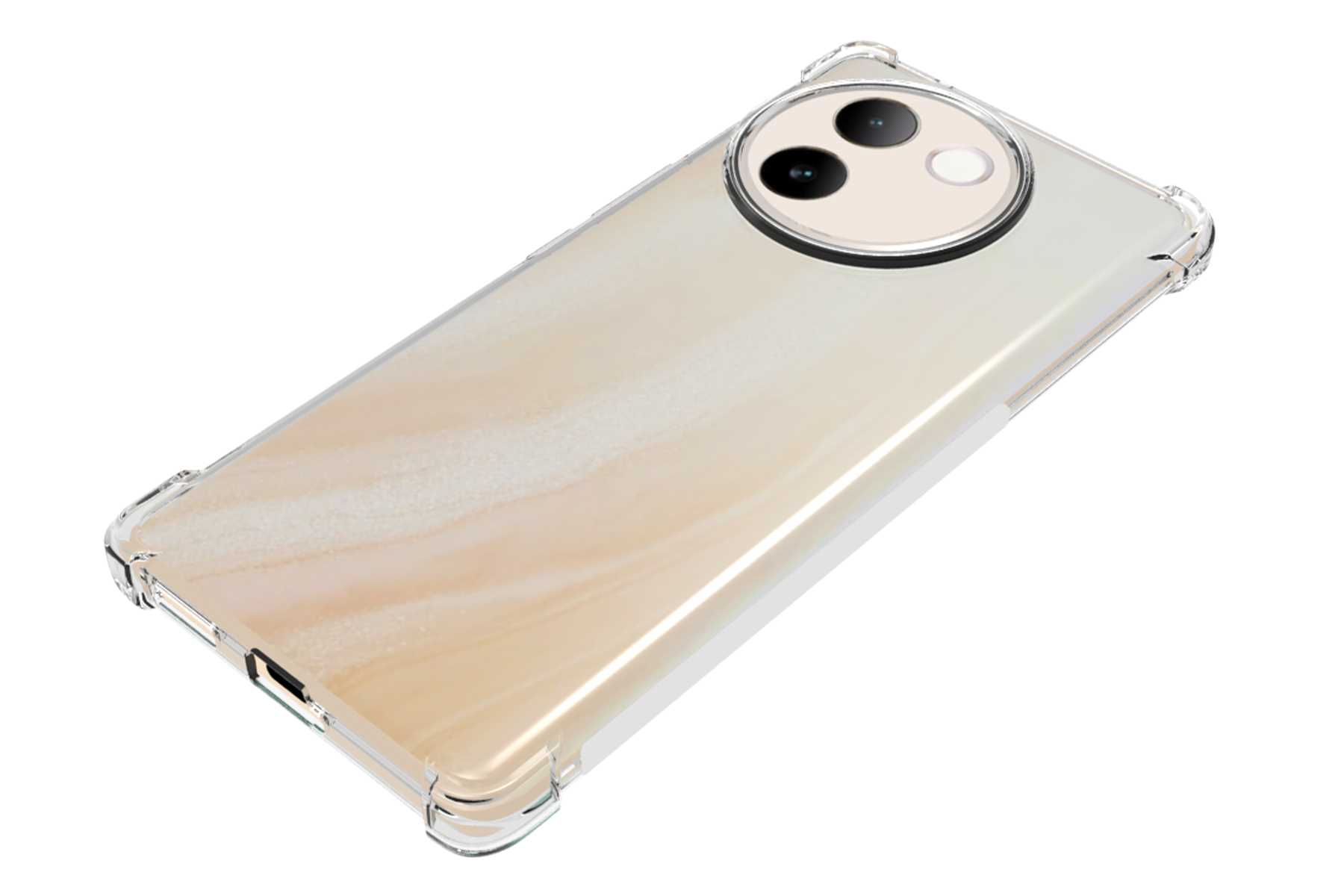 Smartphone in einer durchsichtigen Hülle. Das Telefon ist beige mit Kamera-Buckel. Transparente Hülle mit Stoßstange.