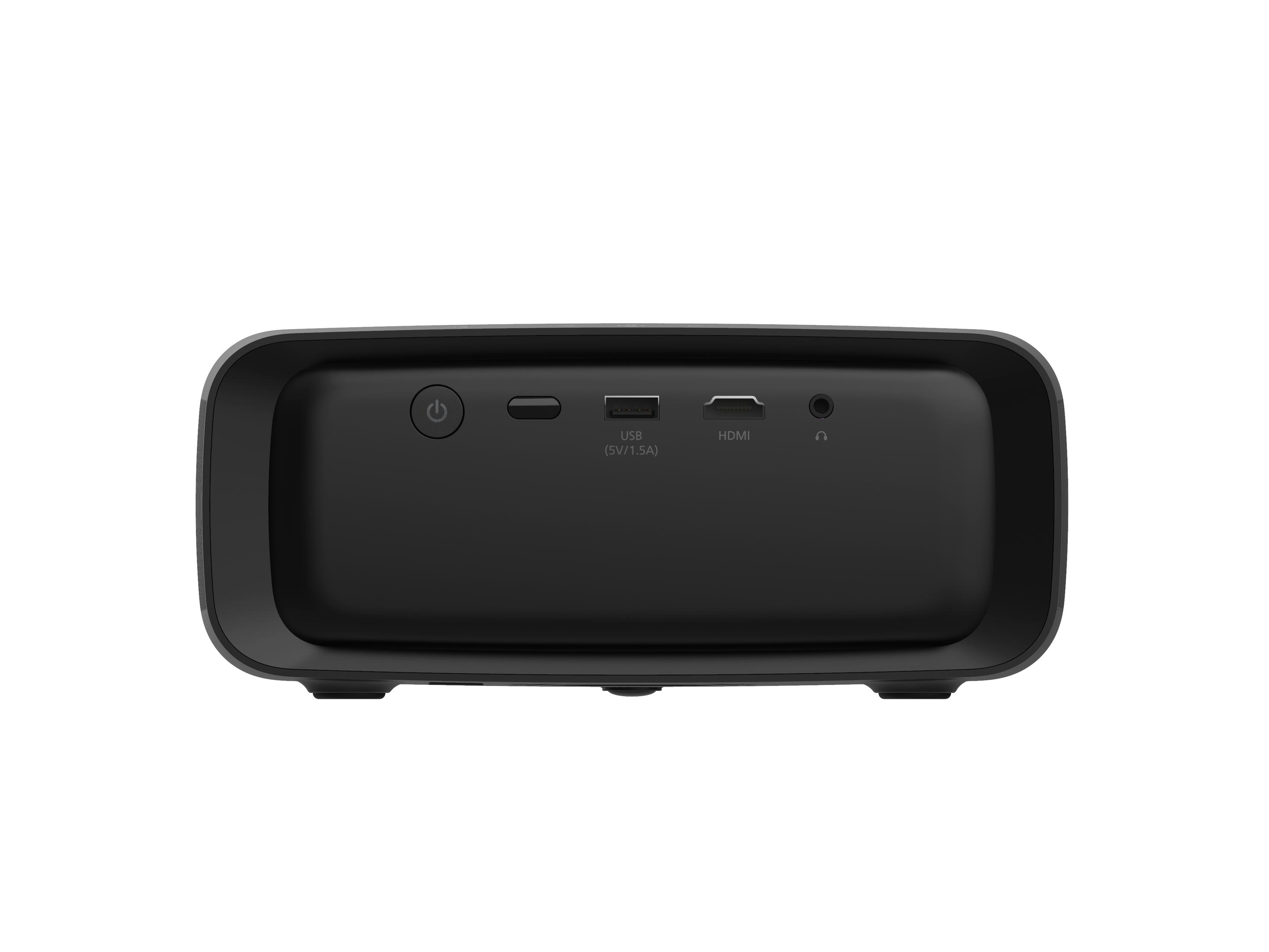 Czarny projektor z portami z tyłu. Porty obejmują USB, HDMI i gniazdo słuchawkowe.