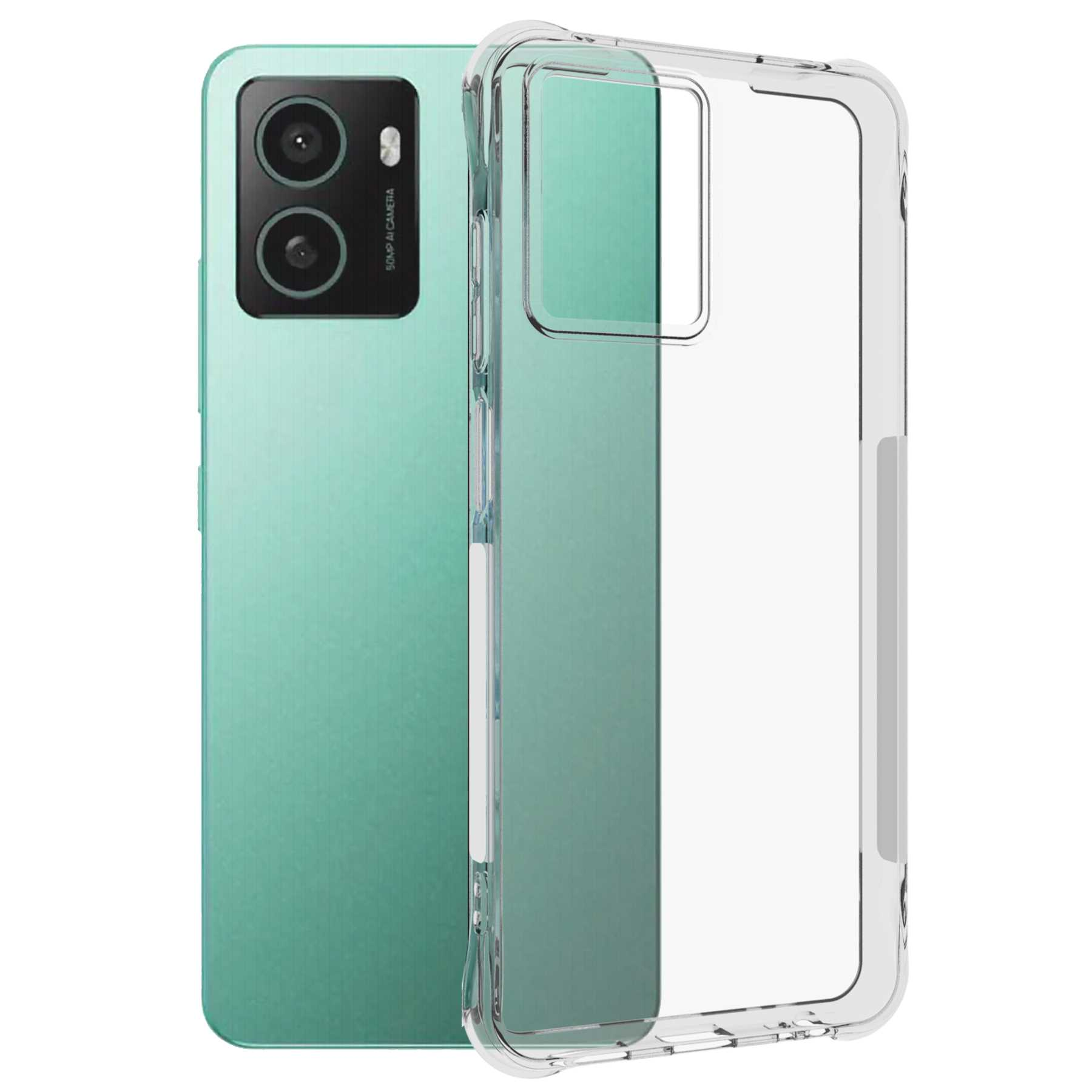 Grünes Telefon und eine transparente Schutzhülle. Das Telefon hat eine Kamera und Blitz.