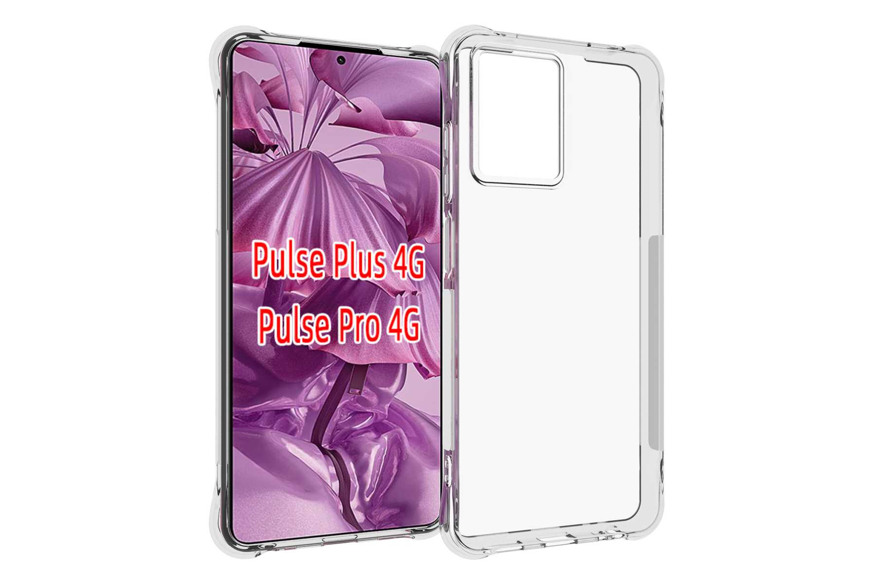 Transparente Handyhülle und ein Telefon. Auf dem Telefon steht: 'Pulse Plus 4G' und 'Pulse Pro 4G'.