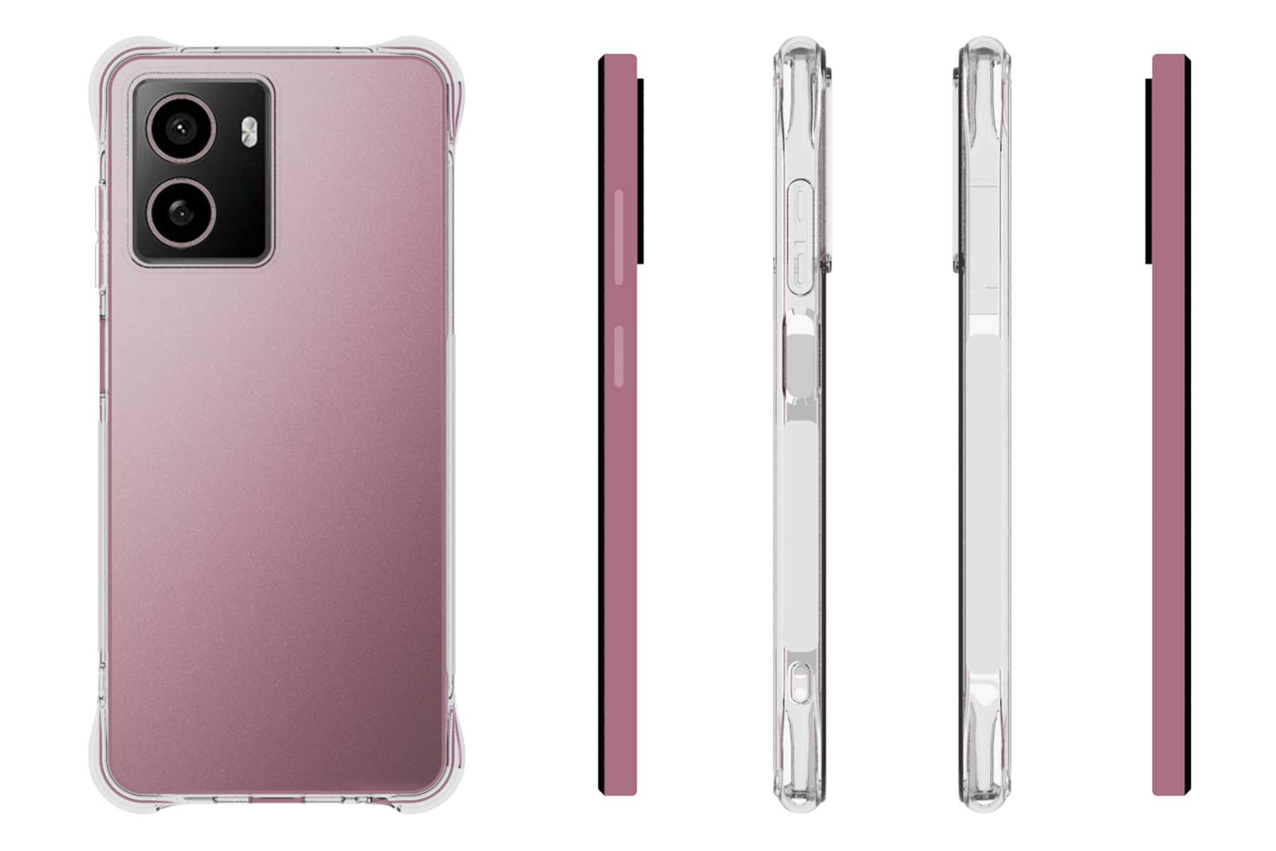 Eine rosa Handyhülle, mit dem Telefon darin, aus mehreren Blickwinkeln gezeigt. Weißer Hintergrund.