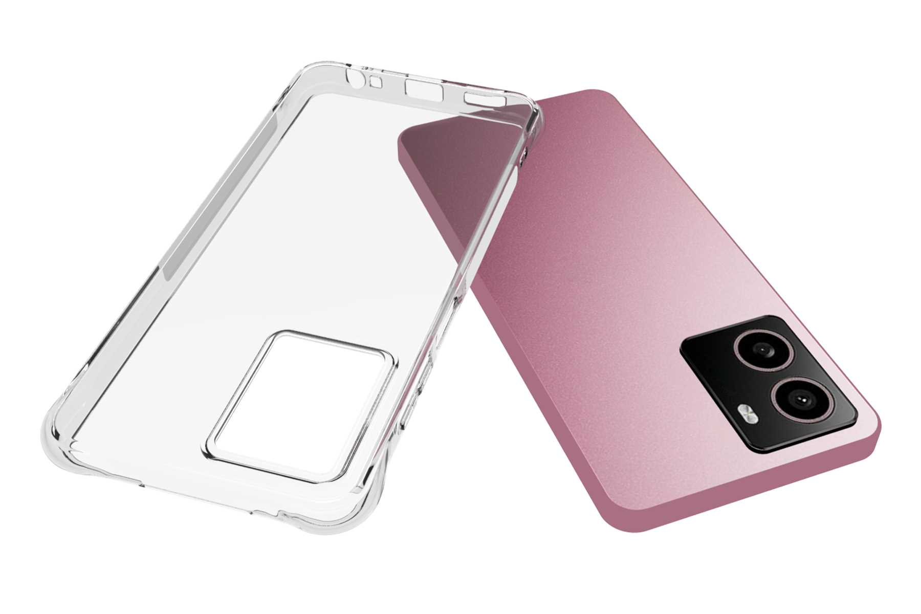 Eine transparente Handyhülle und ein rosa Telefon werden angezeigt. Die Handyhülle befindet sich neben dem Telefon.