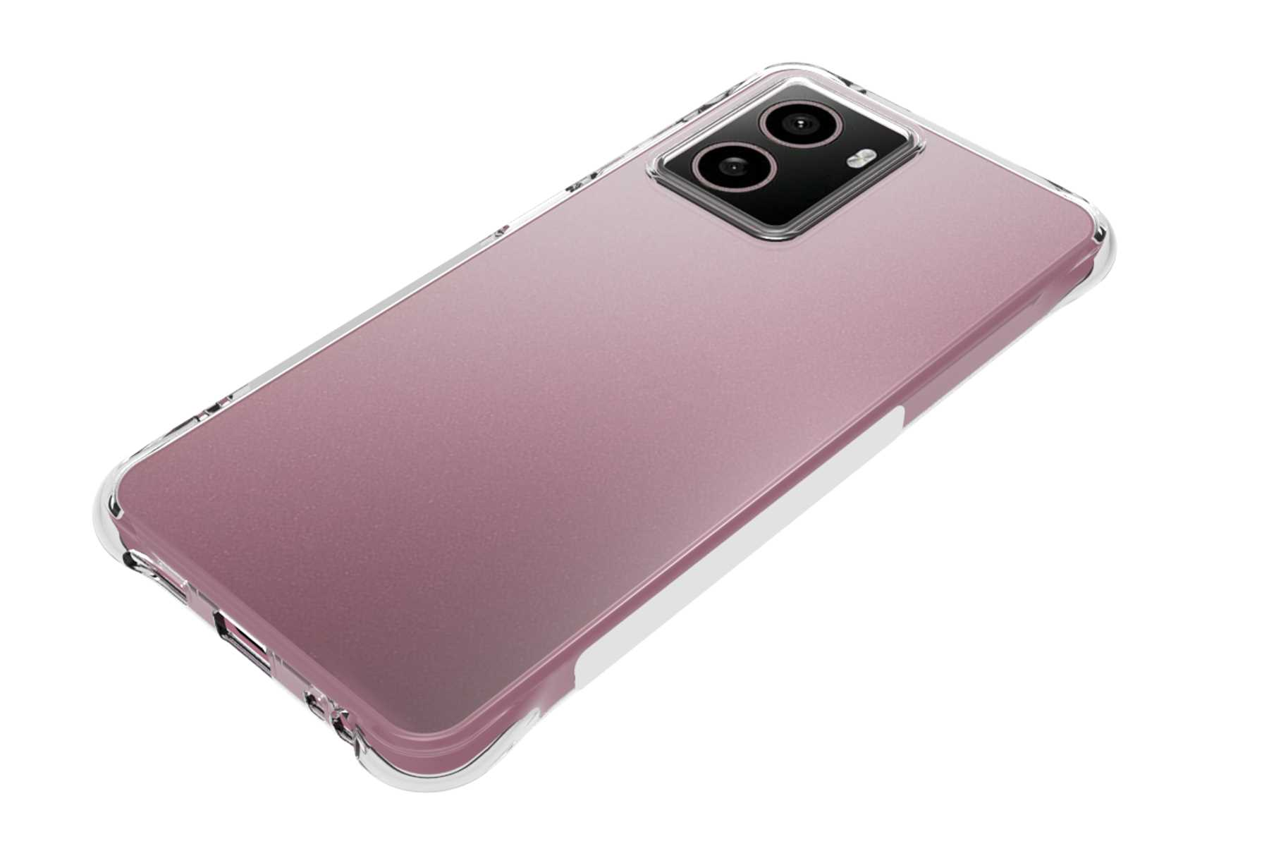 Ein pinkfarbenes Smartphone mit durchsichtiger Hülle. Die Rückseite hat eine Kamera und einen transparenten Rahmen.
