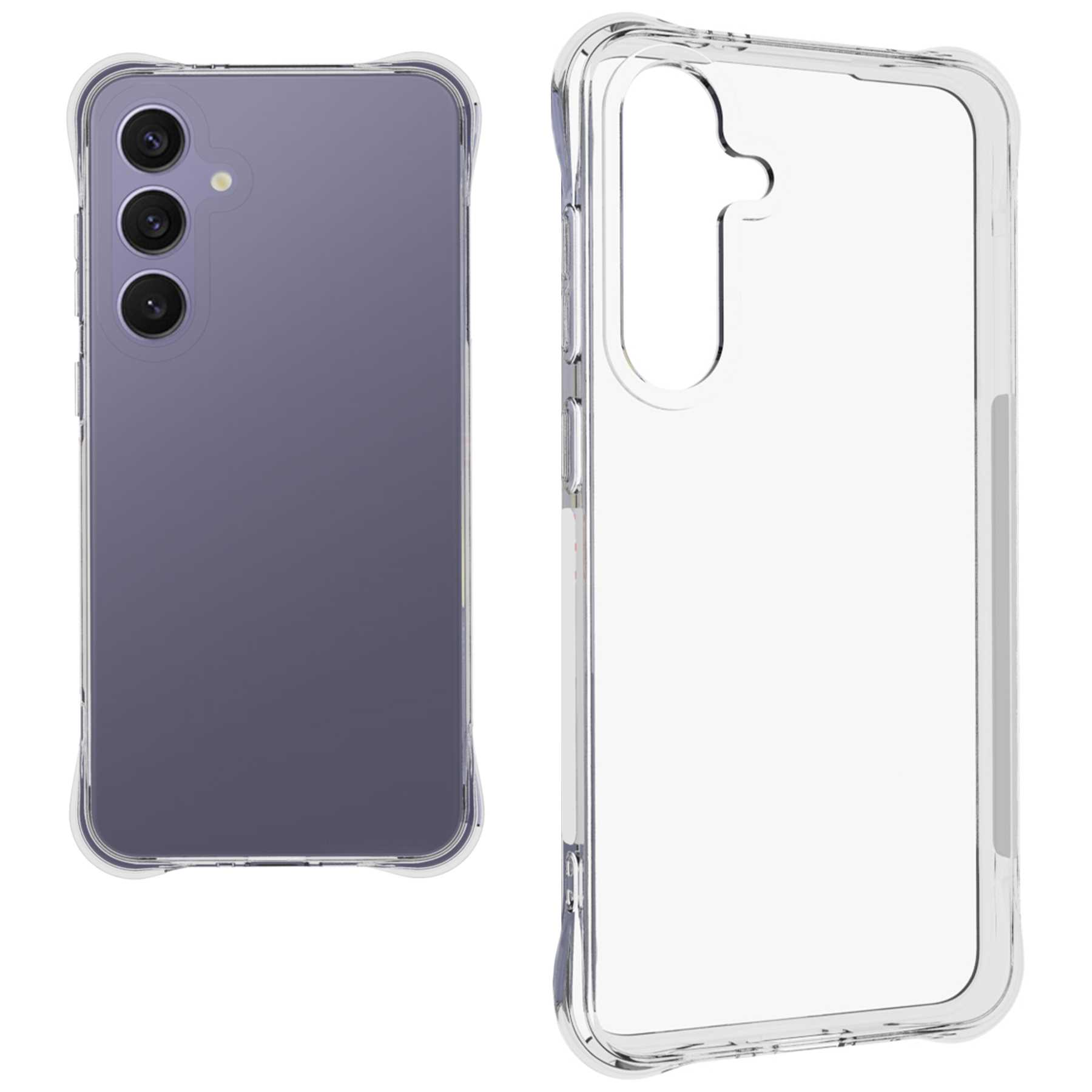 Ein lila Telefon und eine transparente Handyhülle. Das Telefon hat drei Kameras.