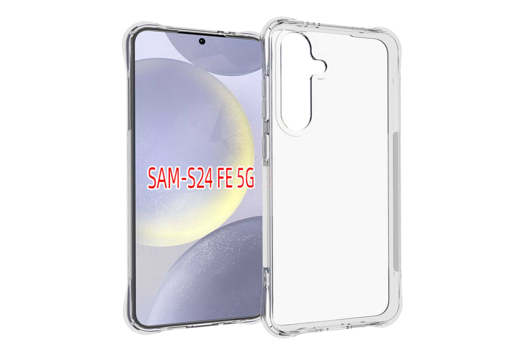 Telefon und transparente Hülle. Das Telefon befindet sich in der Hülle, mit dem Text 'SAM-S24 FE 5G'.