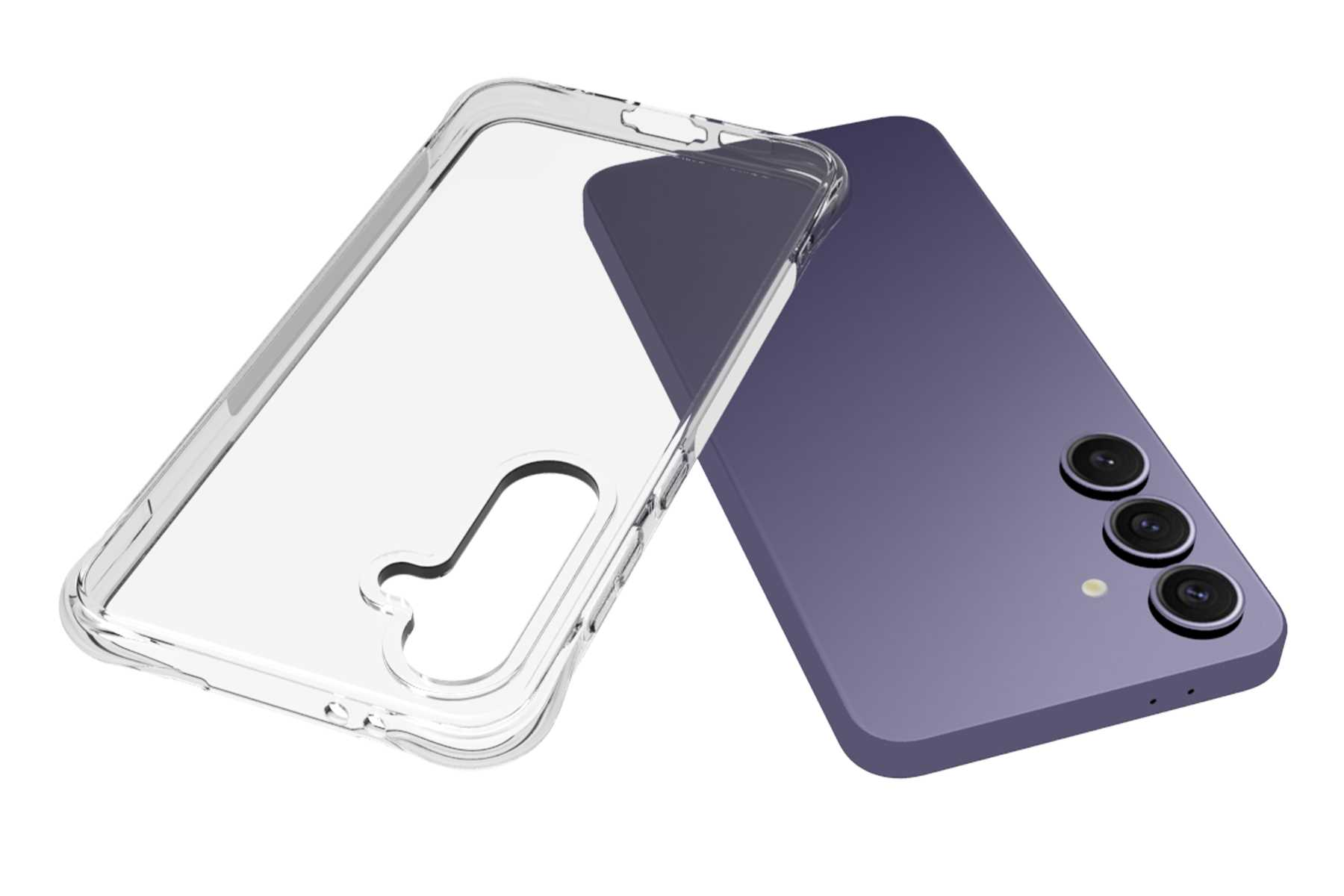 Lila Telefon und transparente Hülle. Das Telefon hat drei Kameras und eine lila Rückseite.