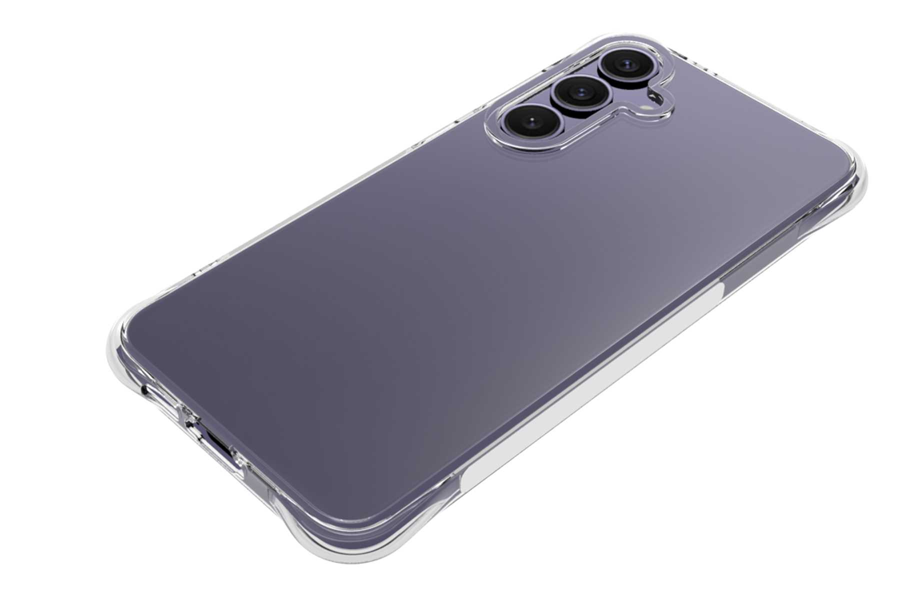 Telefon mit Hülle auf weißem Hintergrund. Drei Kameras auf der Rückseite. Transparente Hülle.