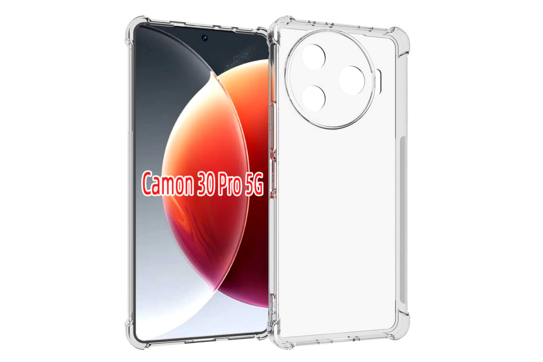 Ein Smartphone mit durchsichtiger Hülle, das Telefon ist mit 'Camon 30 Pro 5G' beschriftet.