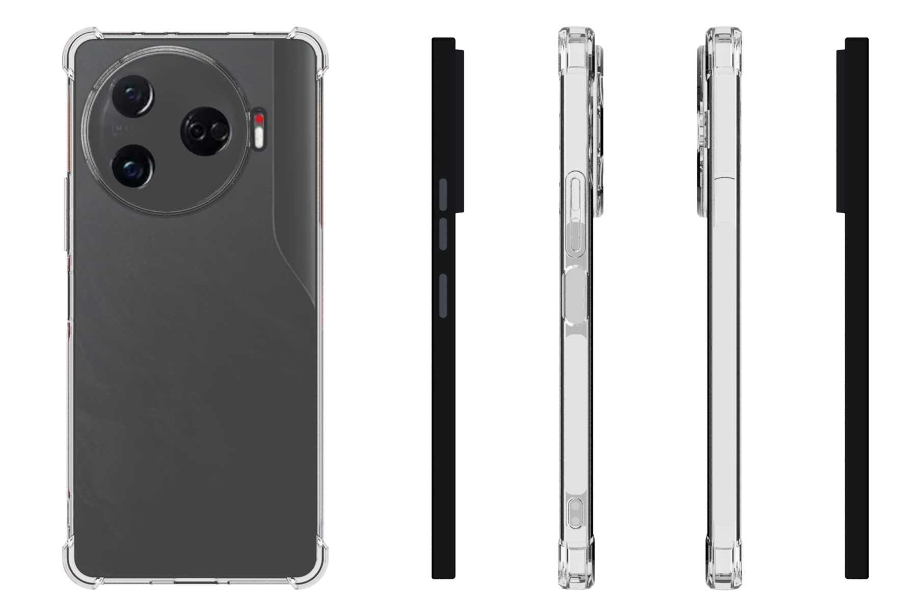 Telefon und transparente Hülle mit mehreren Ansichten: vorne, Seite. Weißer Hintergrund.