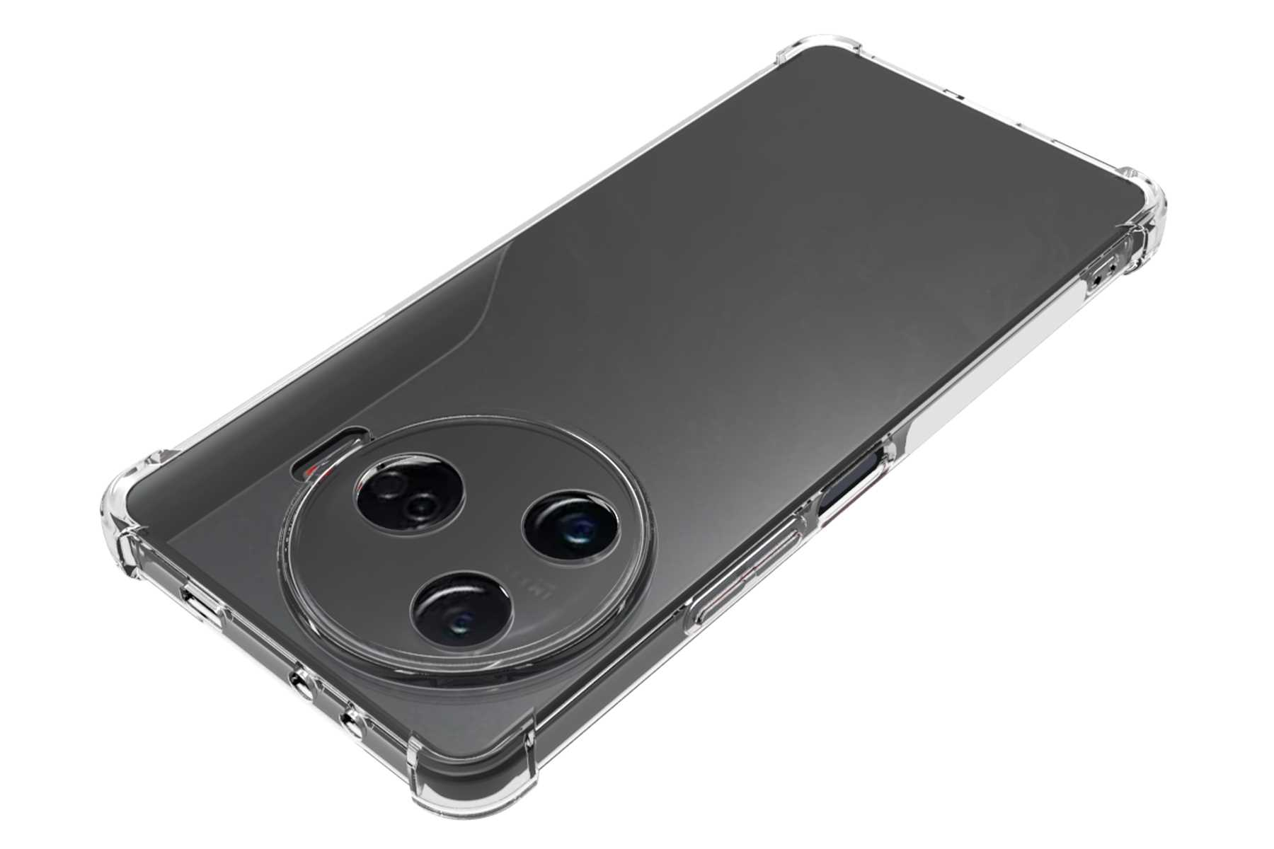 Ein Smartphone mit transparentem Gehäuse ist angewinkelt. Das Gehäuse schützt die Rückseite und die Kamera.