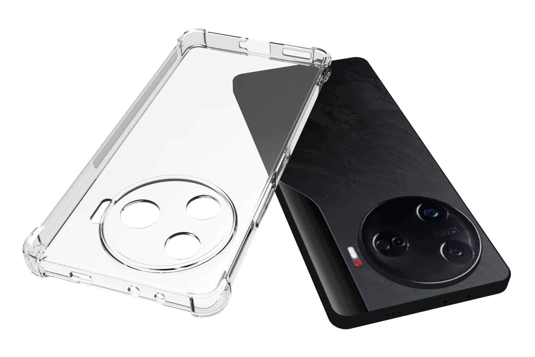 Eine transparente Handyhülle neben einem Telefon mit schwarzer Rückseite. Die Handyhülle ist transparent.