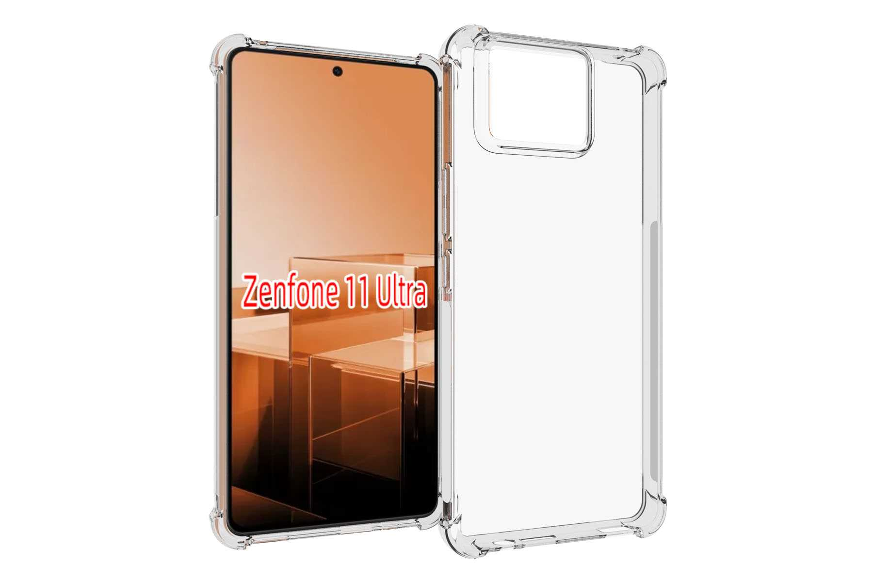 Transparente Handyhülle über einem Telefon mit dem Text "Zenfone 11 Ultra" sichtbar.
