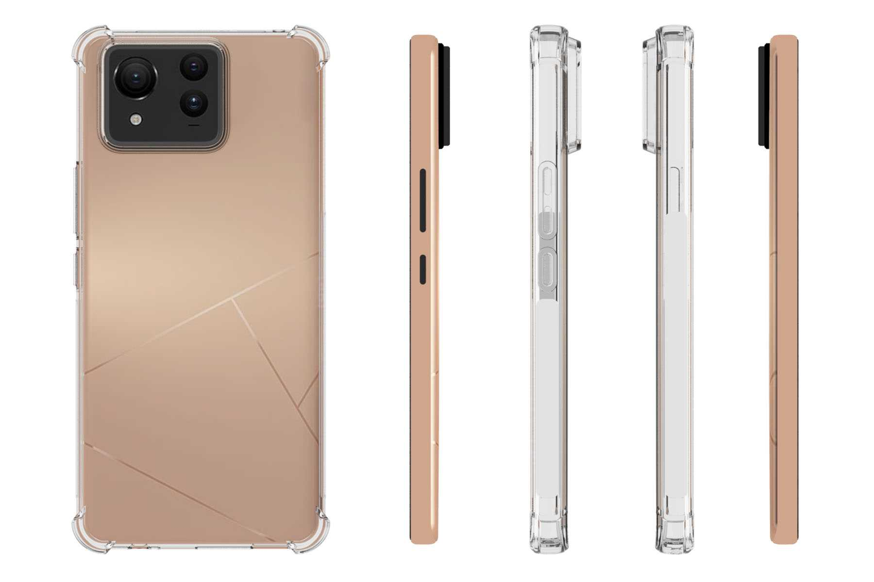Mehrere Ansichten eines Smartphones in einer transparenten Hülle mit geometrischem Muster. Seiten- und Rückansicht.