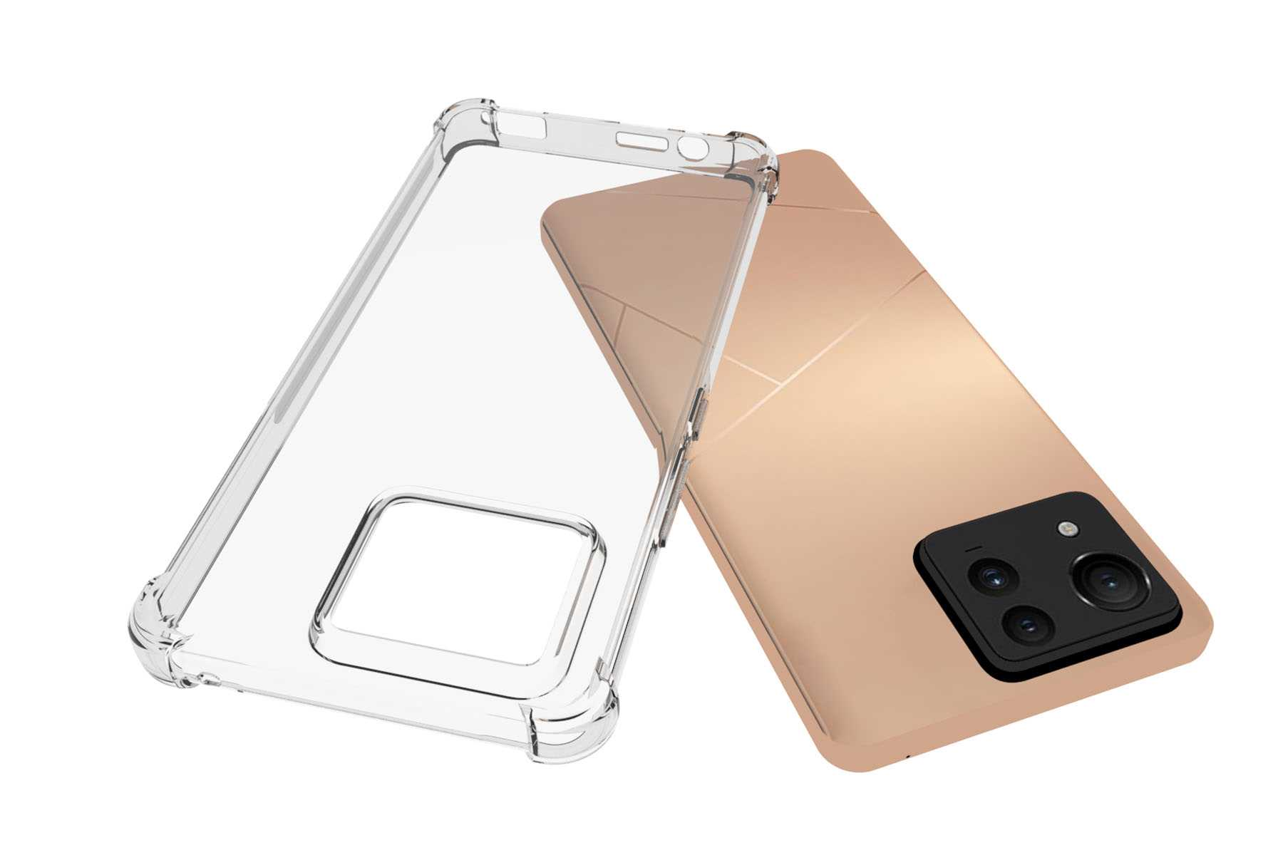 Eine Handyhülle mit einem goldenen Telefon darin. Die Hülle ist transparent.