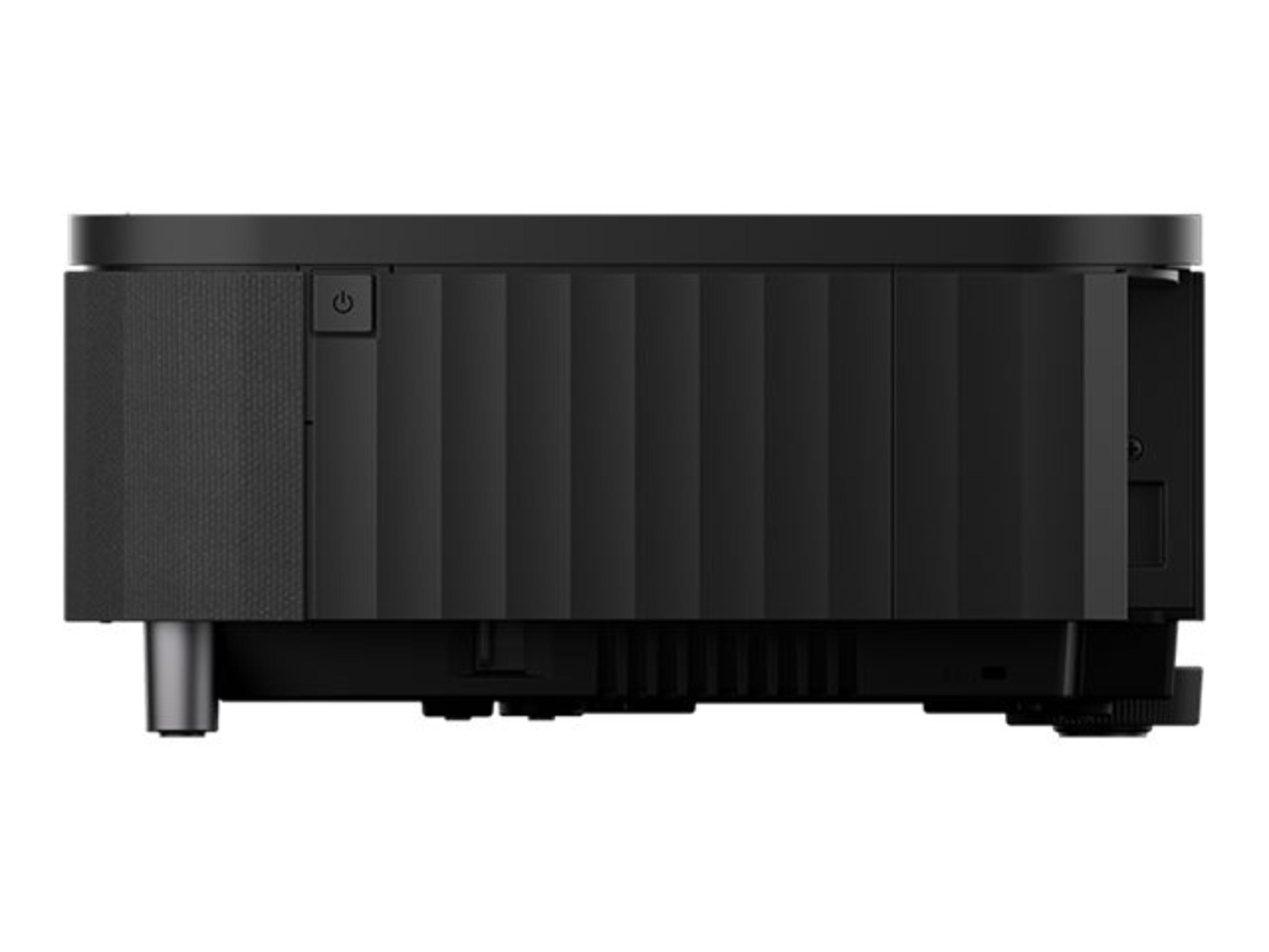 Projecteur noir. Il a un bouton d'alimentation et une vue latérale avec une texture nervurée.