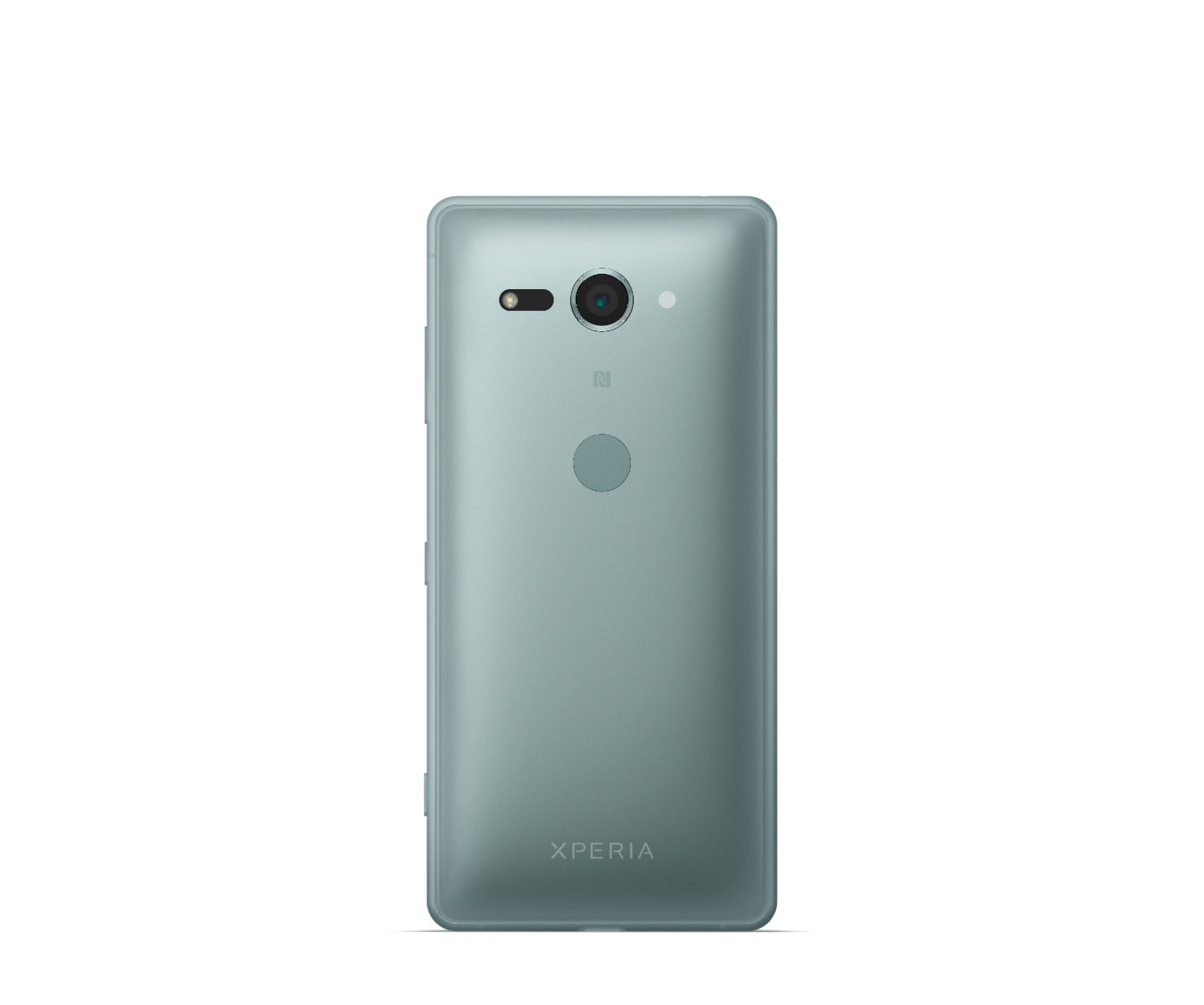 Ein grünes Telefon von hinten, mit Kamera und dem Xperia-Logo.