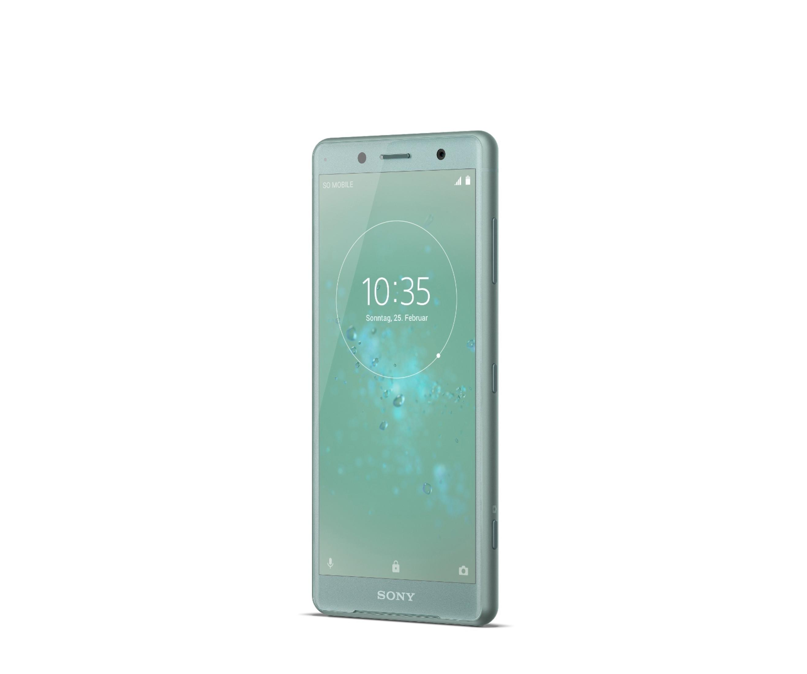 Ein türkisfarbenes Smartphone, das die Uhrzeit anzeigt, mit Sony-Logo, isoliert auf Weiß.
