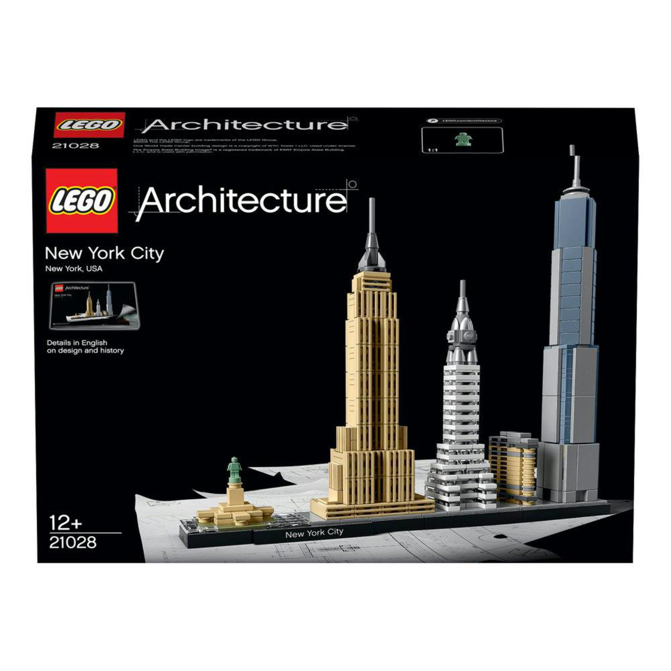 Zestaw Lego Architecture z budynkami Nowego Jorku, zapakowany i wystawiony.
