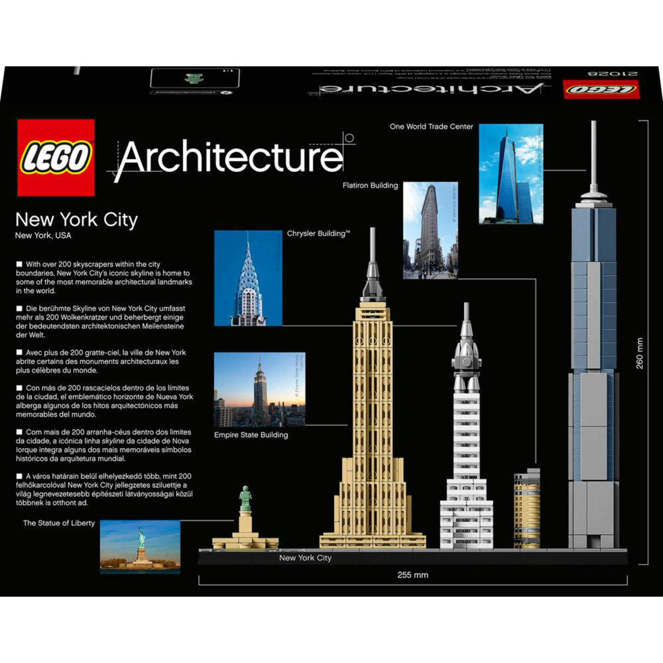 Pudełko zestawu Lego Architecture z panoramą Nowego Jorku, w tym Empire State Building.