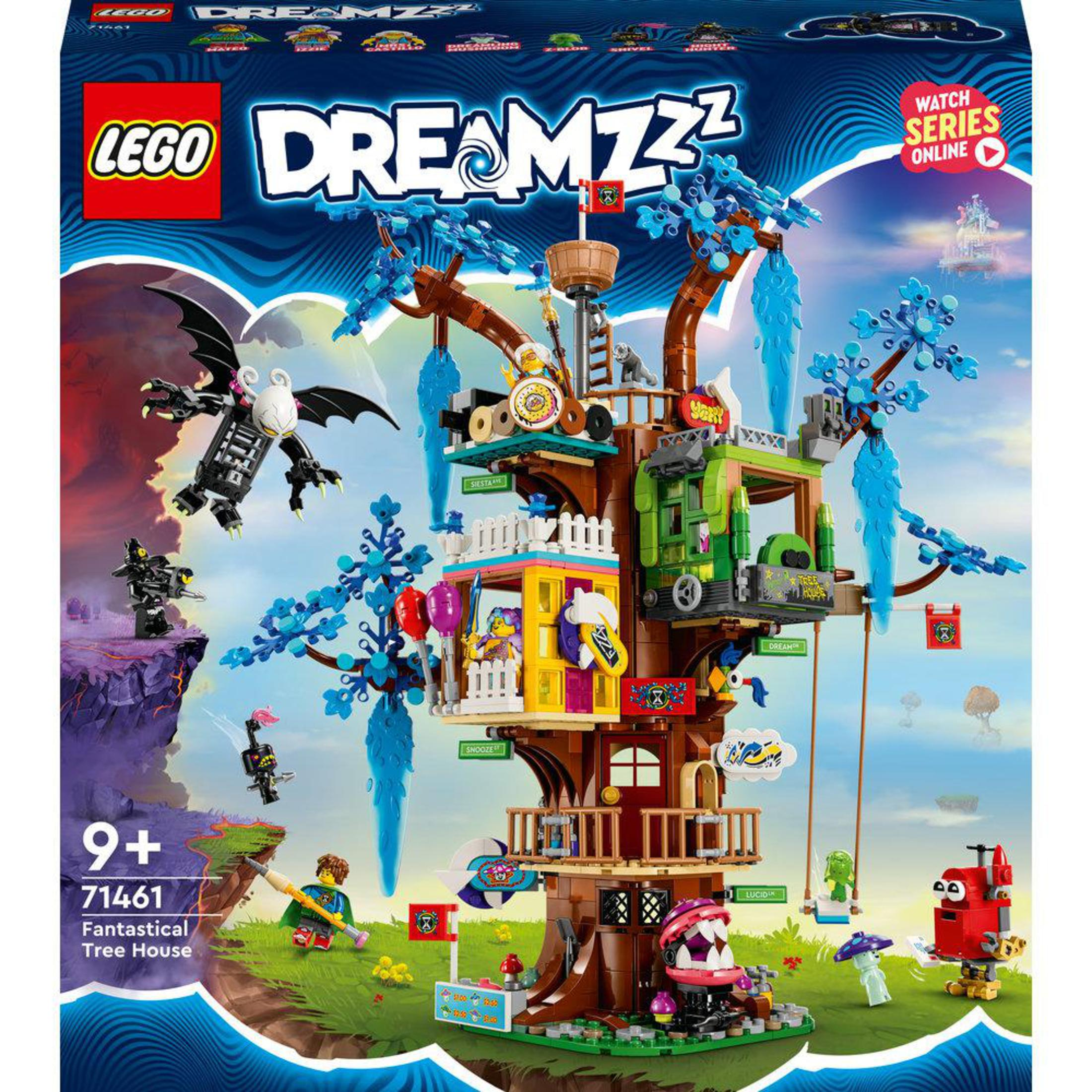 LEGO Dreamzzz kutu seti. Karakterler, canavarlar ve LEGO logosu ile fantastik bir ağaç ev.