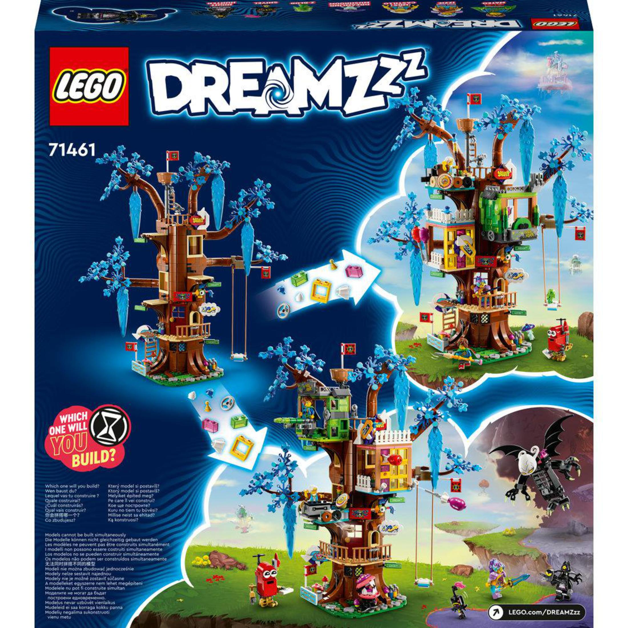 Lego Dreamzzz seti kutusu, mavi yapraklı bir ağaç evinin çoklu yapım seçeneklerini gösteriyor.